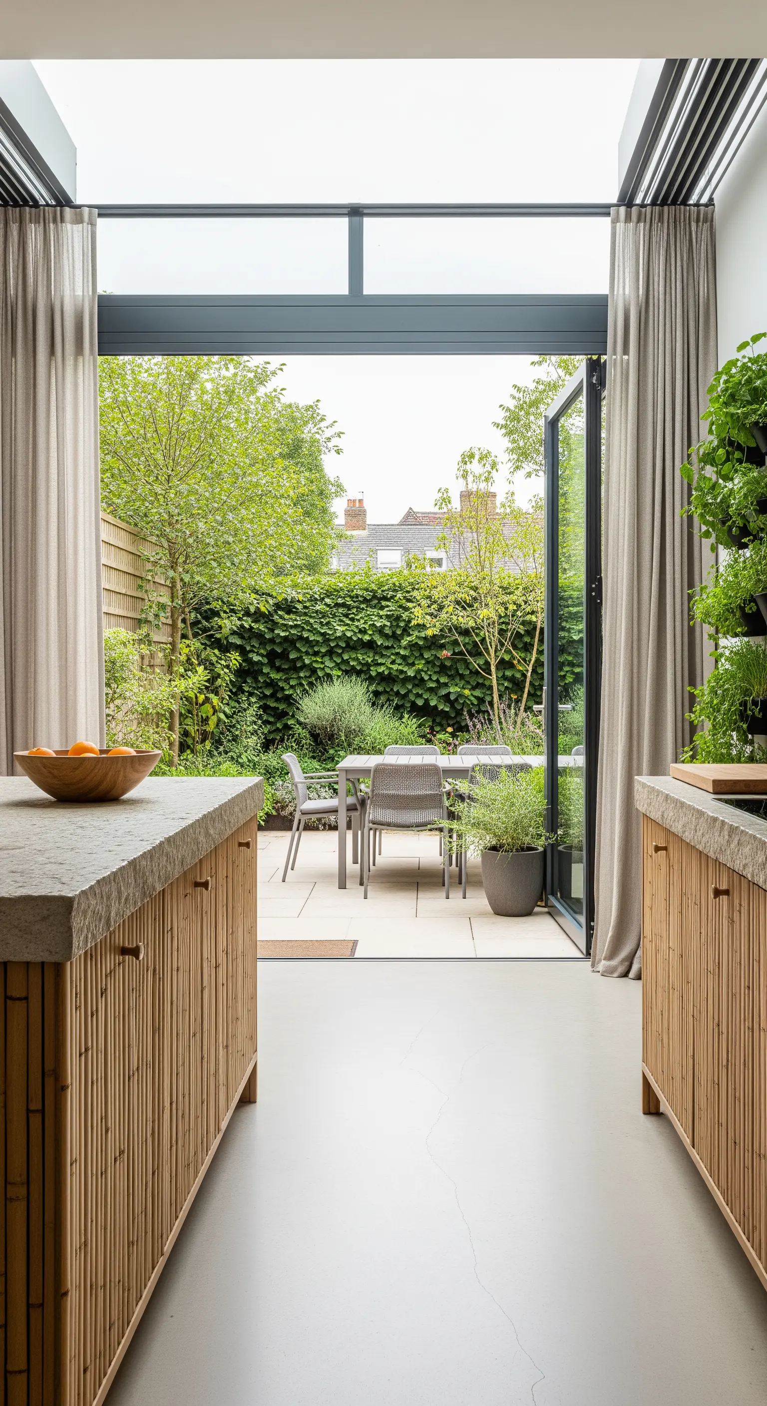 Cucina con mobili in bambù che si apre su un patio con giardino.