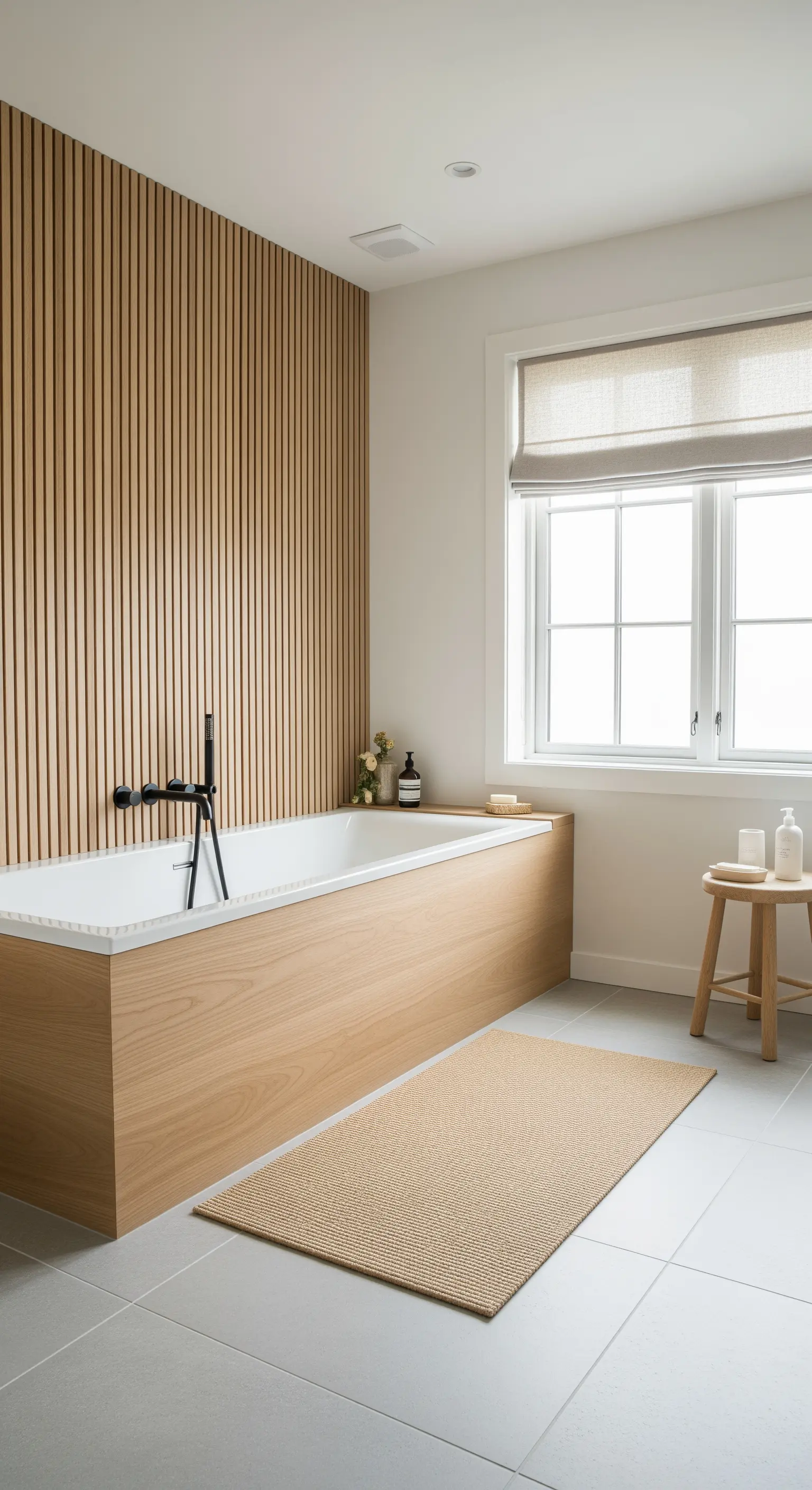 Vasca da bagno rivestita in legno chiaro, coordinata con una parete a listelli verticali.