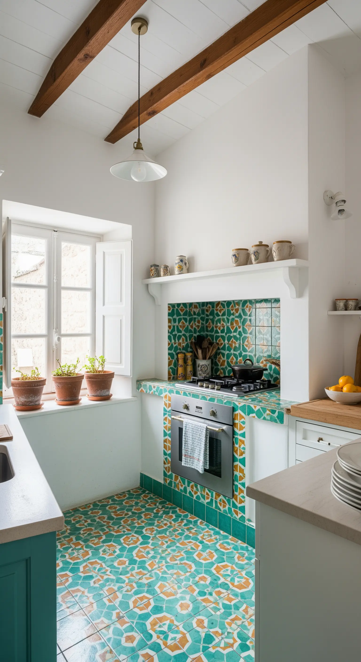 Cucina compatta con piastrelle turchesi e arancioni che rivestono pavimento e paraschizzi.