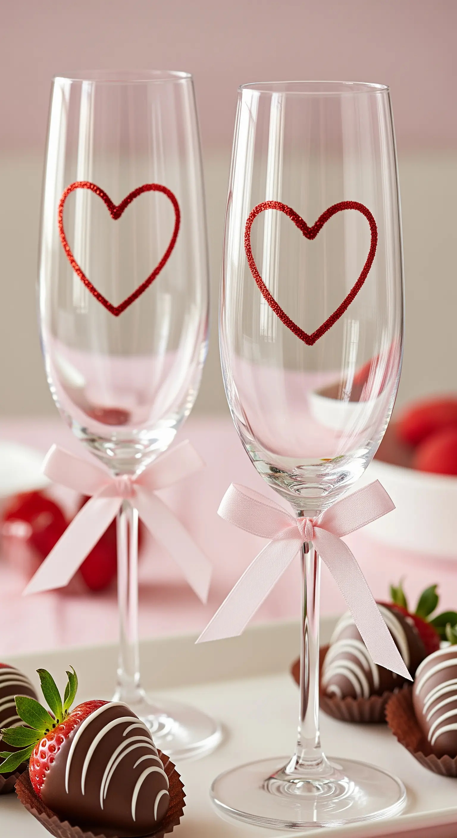 Flûte da champagne con un contorno di cuore in glitter rosso e fiocchi rosa.