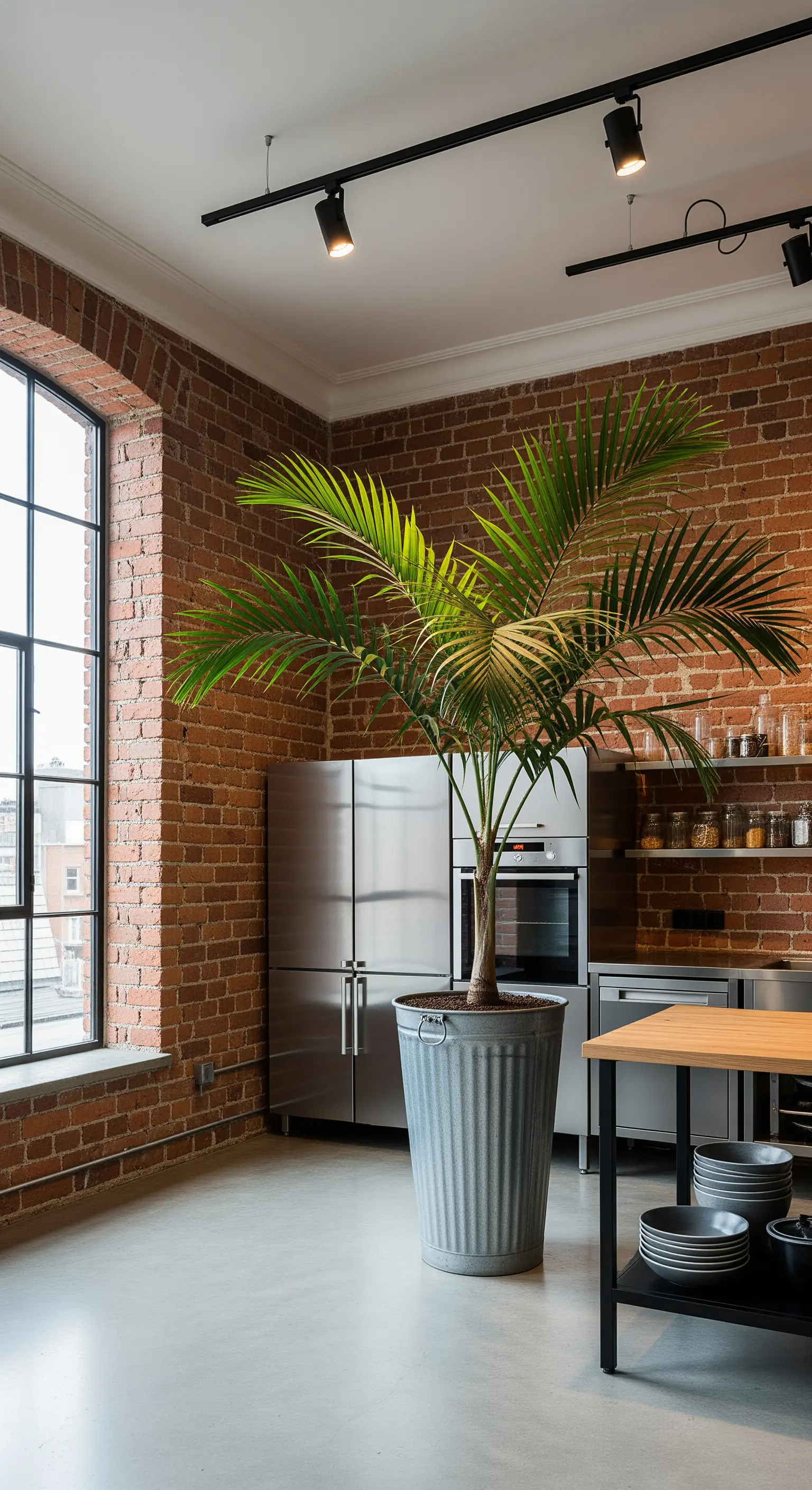 Cucina industrial con parete in mattoni e una grande palma in un vaso di metallo.
