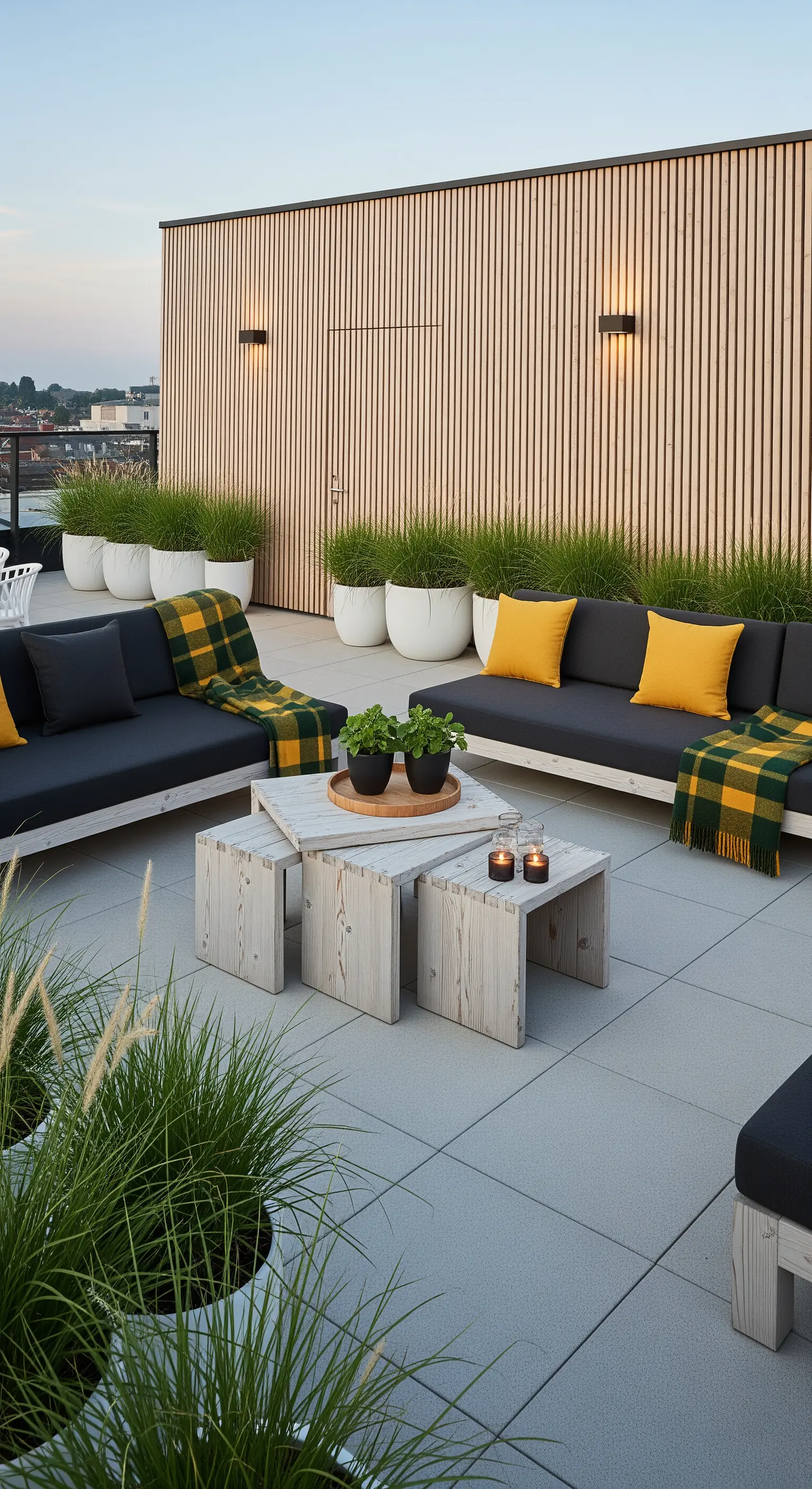 Patio moderno con divani grigi, cuscini gialli, tavolini in legno e parete a listelli.