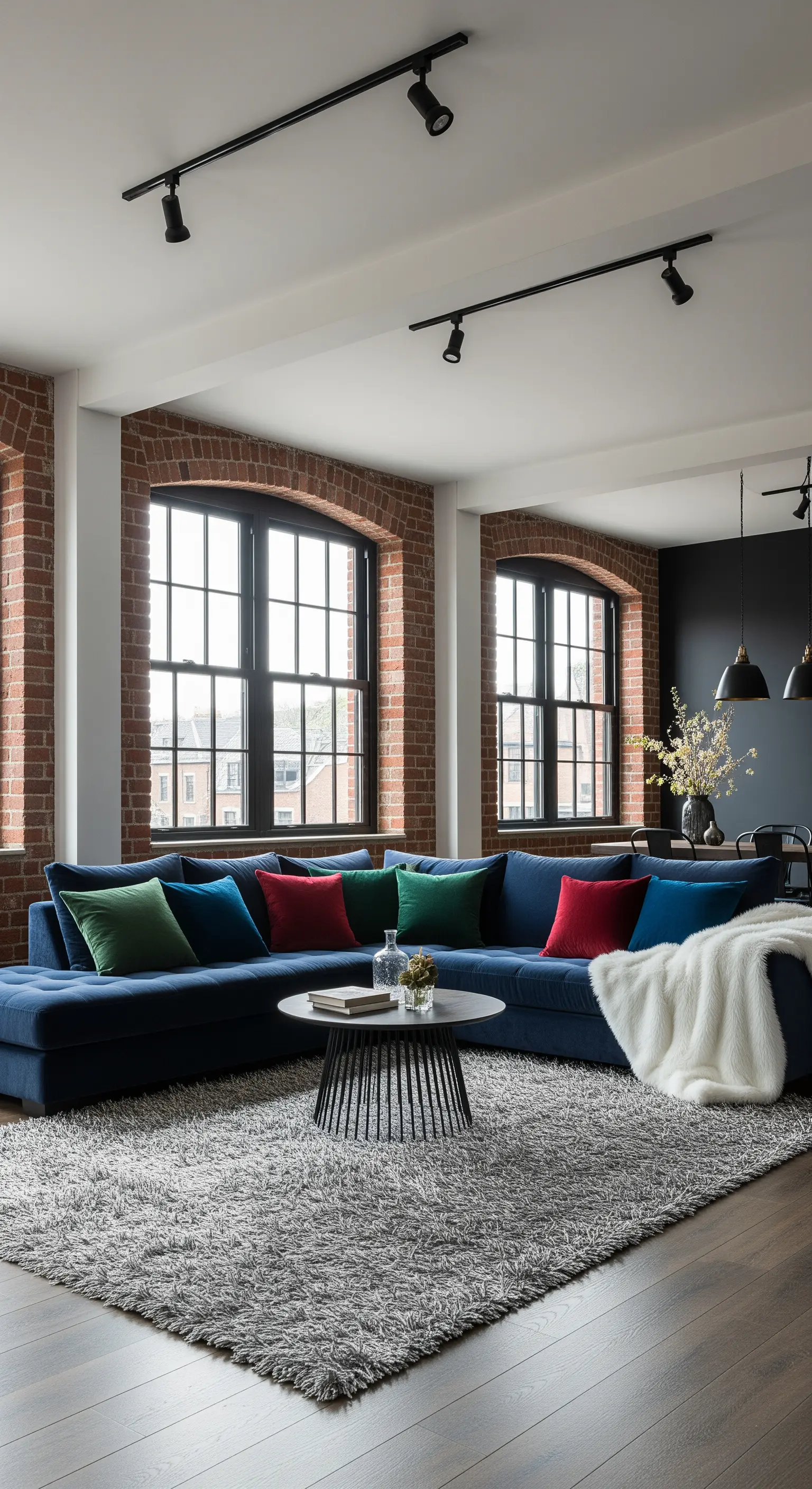 Loft con pareti in mattoni, divano blu e cuscini colorati su un tappeto grigio a pelo lungo.