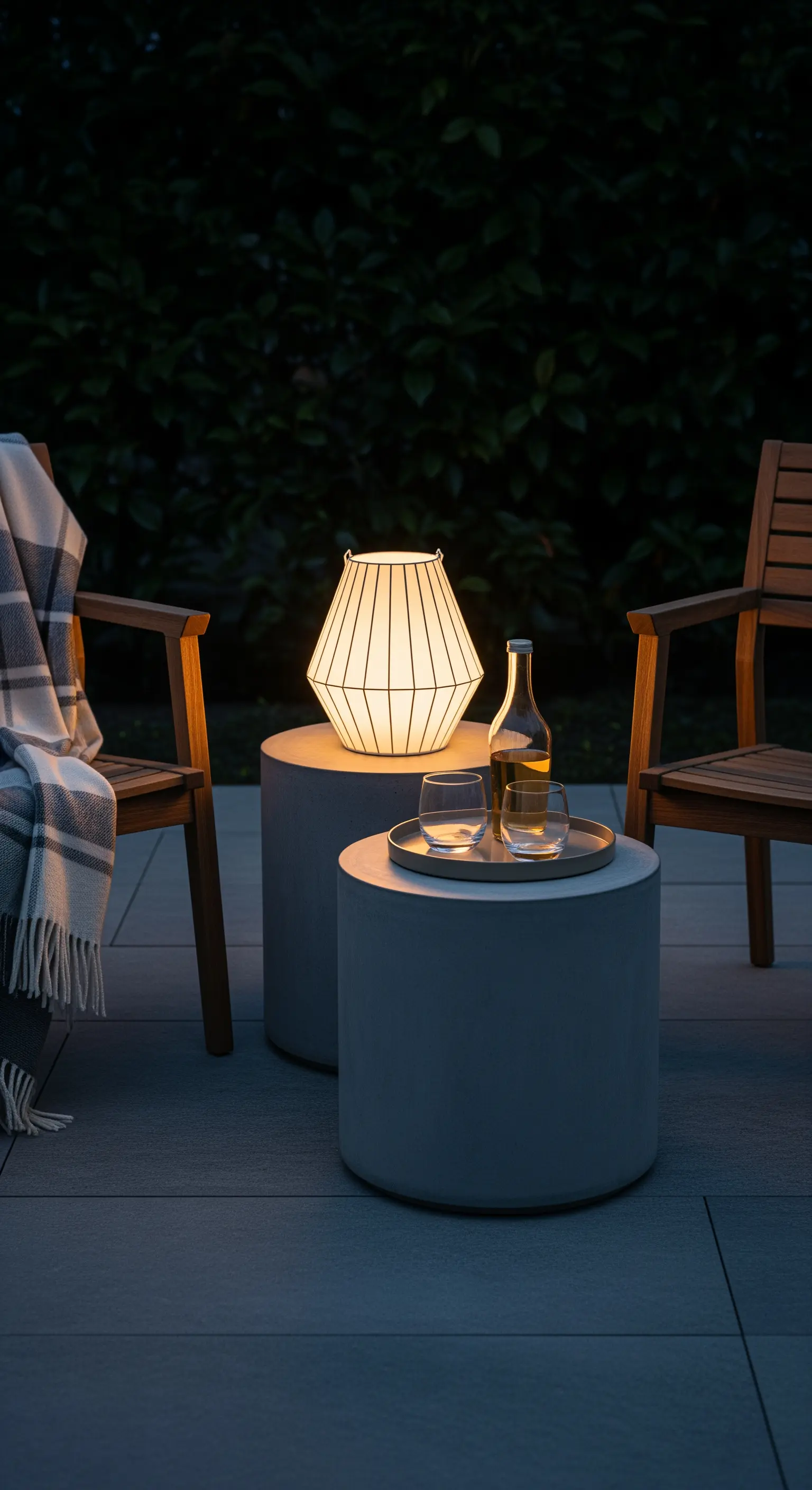 Angolo relax con sedie in legno, tavolini in cemento e una lanterna di design accesa.