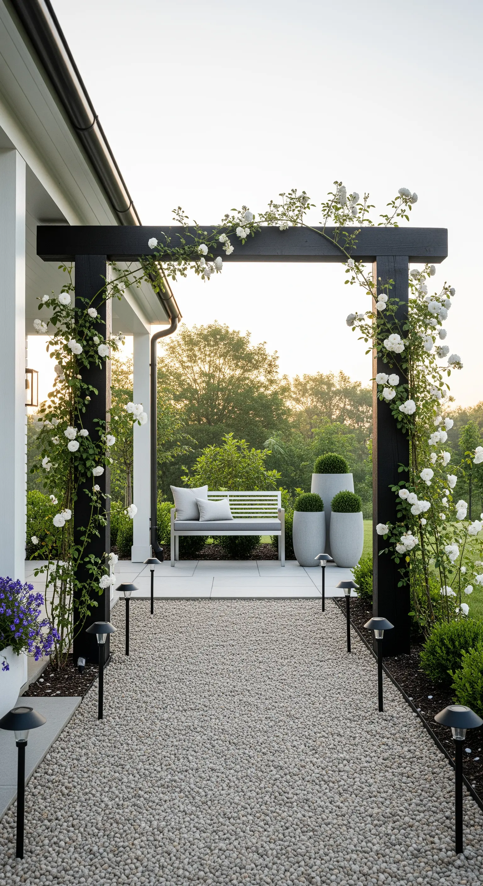 Giardino minimalista con pergola nera, sentiero di ghiaia e una panca dal design moderno.