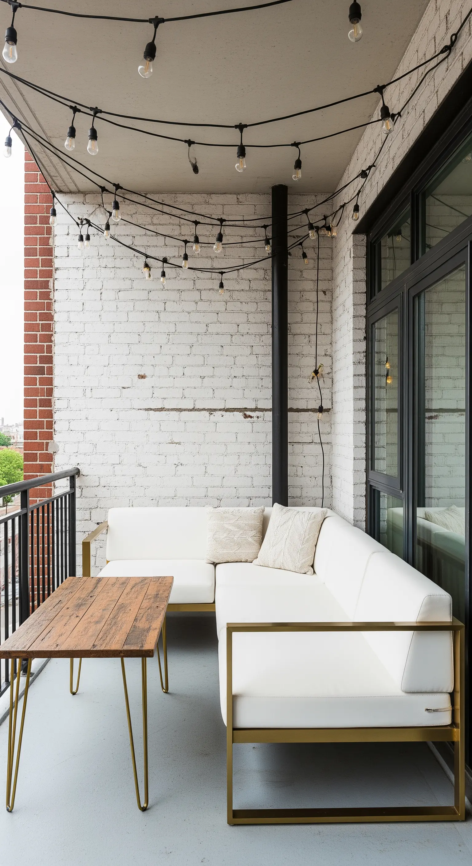 Balcone con parete di mattoni bianchi, divano bianco con struttura oro e luci a stringa.