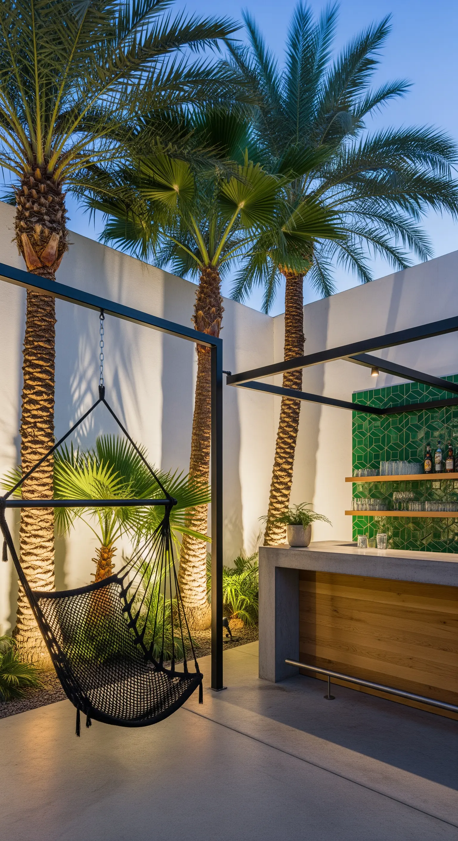 Patio moderno con bar in cemento, piastrelle verdi e sedia sospesa in rete nera.