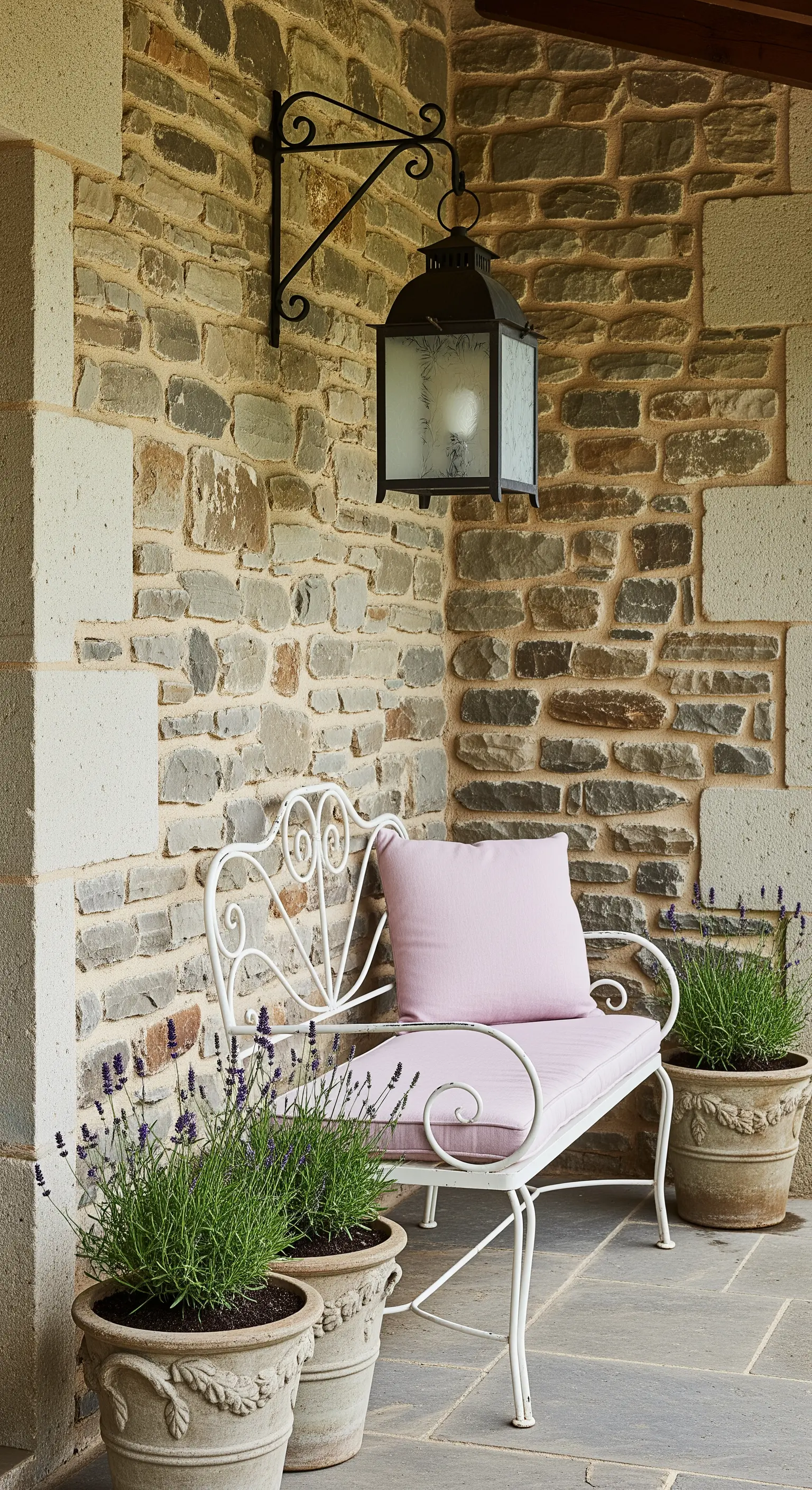 Panchina in ferro battuto bianco con cuscini rosa contro un muro di pietra e vasi di lavanda.