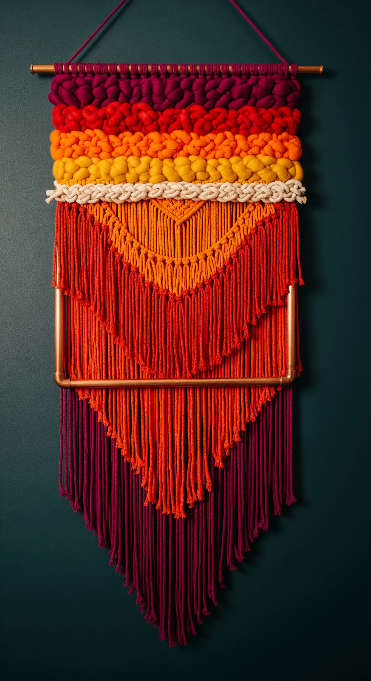 Arazzo in macramè e lana spessa con colori caldi, appeso a una struttura in tubi di rame.