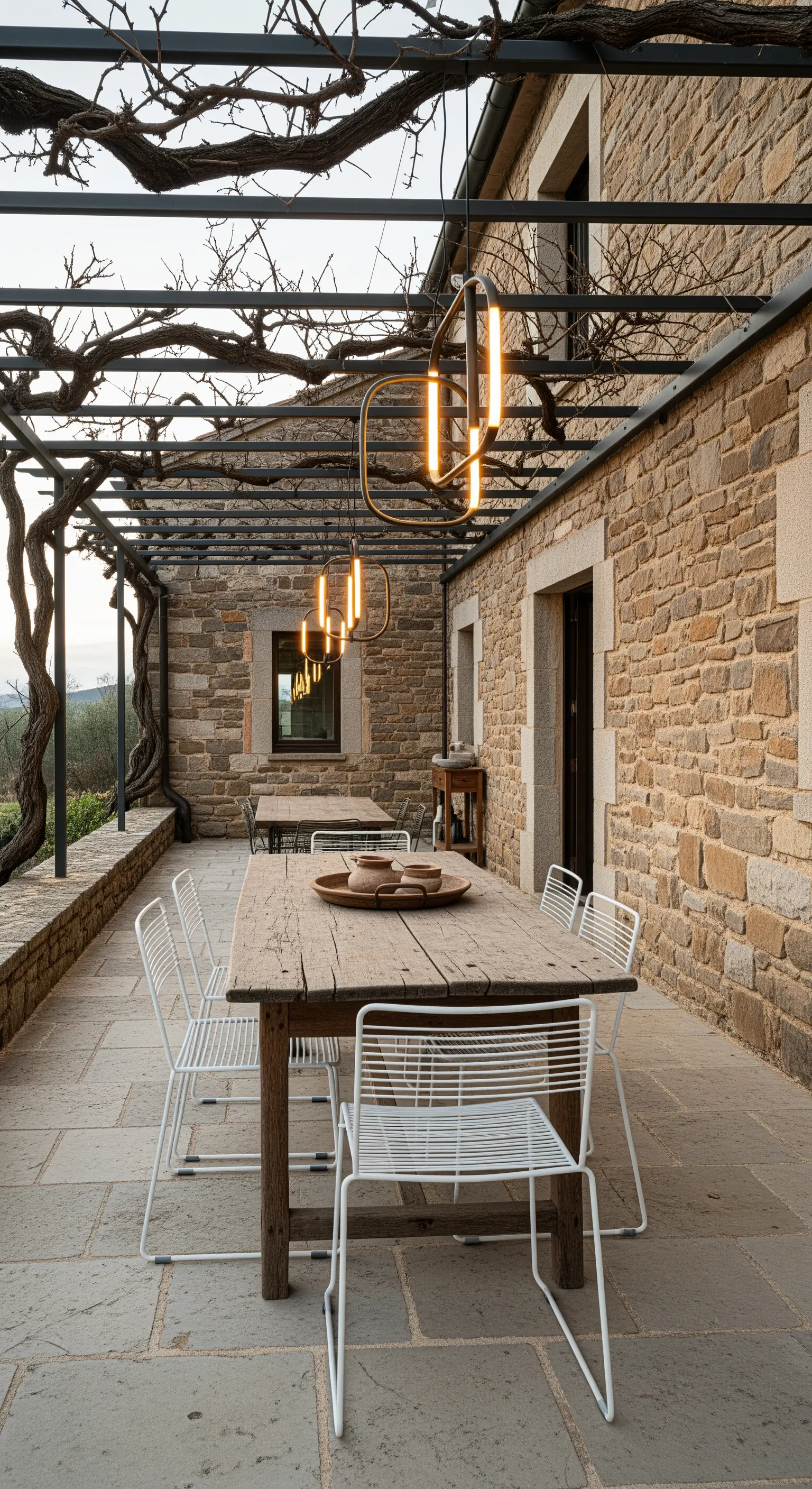 Patio in pietra con tavolo in legno rustico e sedie bianche di design moderno