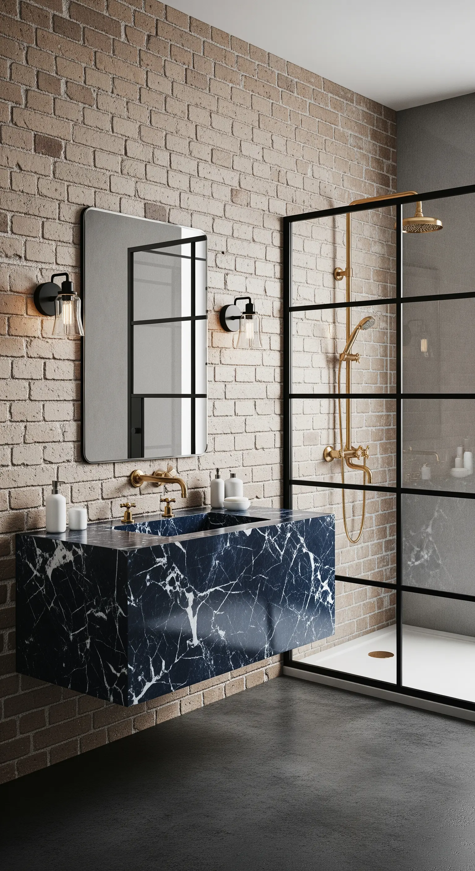 Lavabo sospeso in marmo blu contro una parete di mattoni a vista, con doccia industrial.