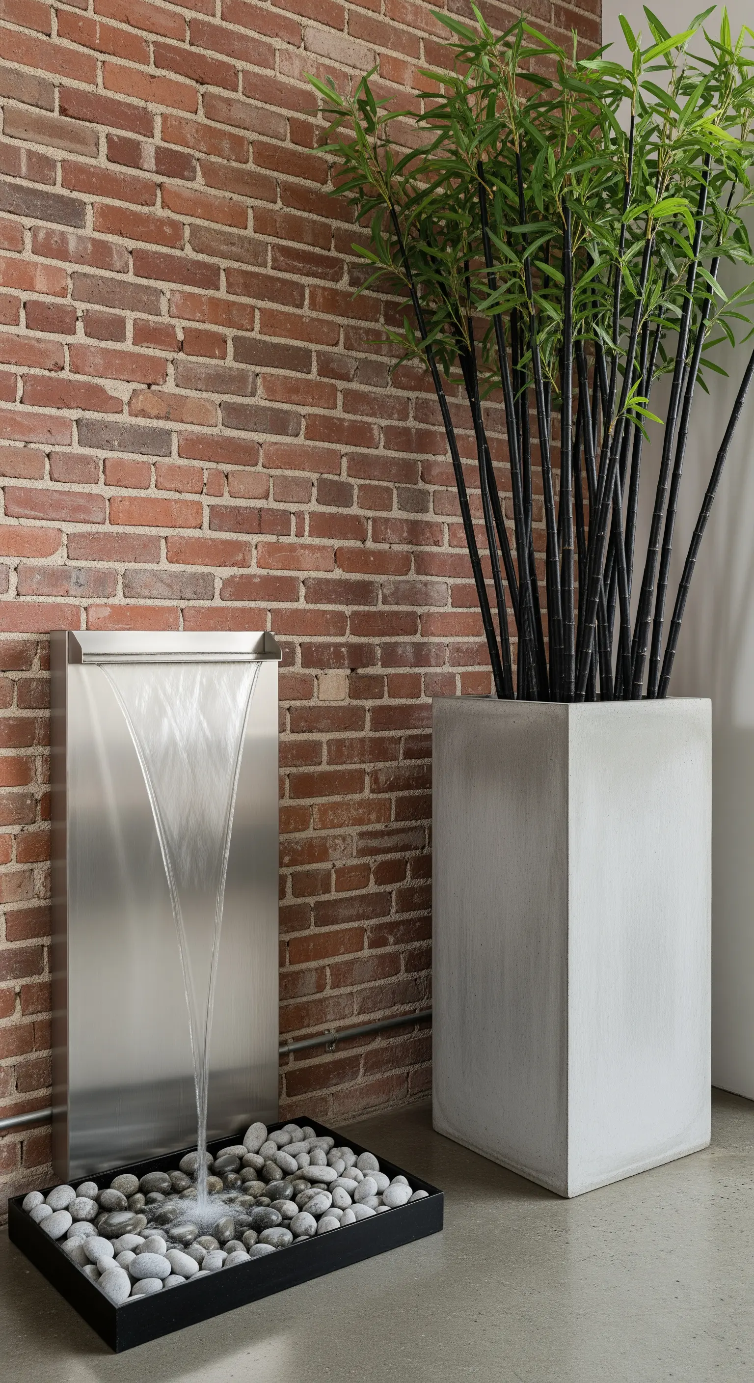 Cascata in acciaio inox e bambù in un vaso di cemento contro una parete di mattoni.