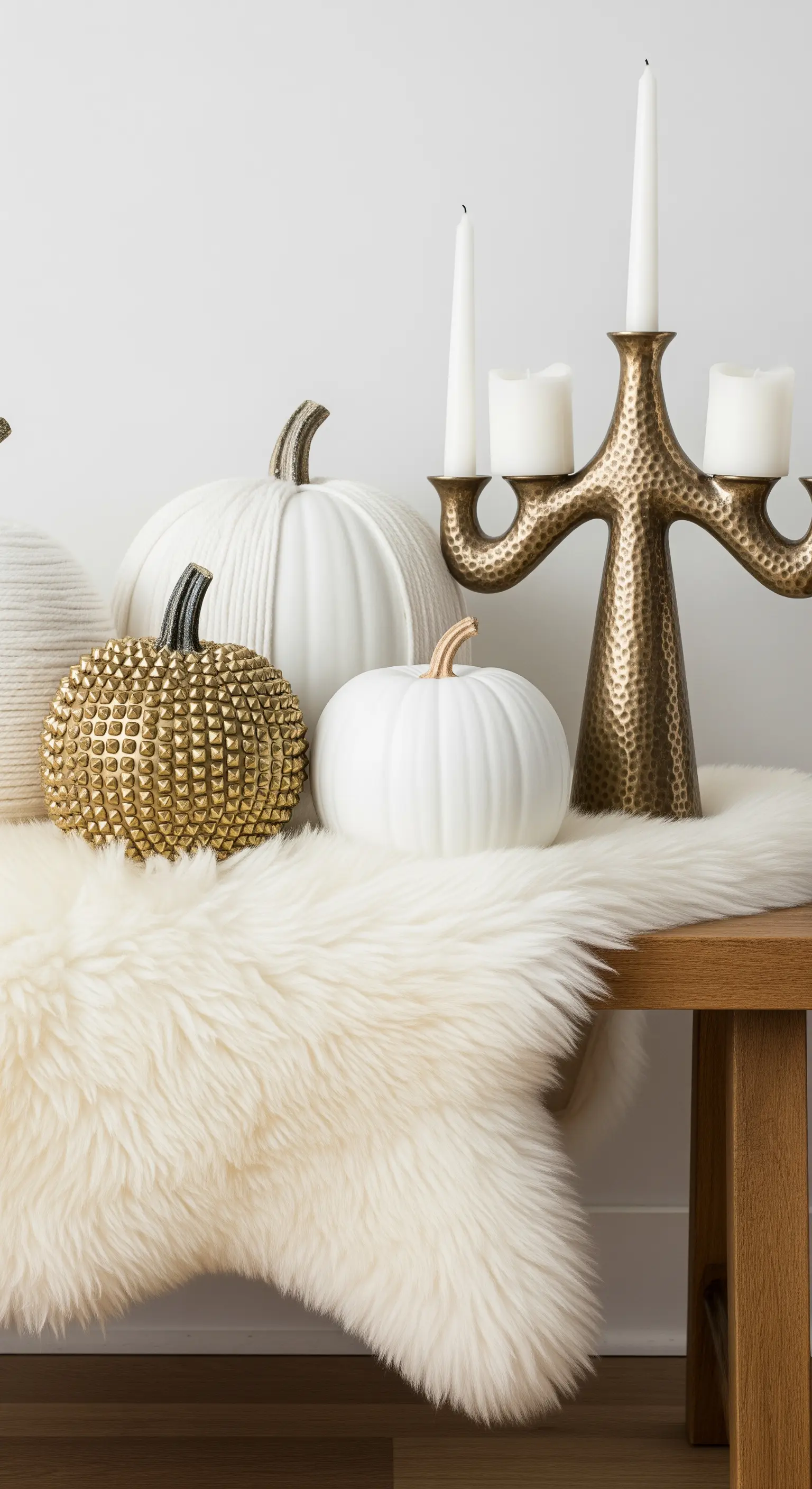 Composizione di zucche bianche e oro texturizzate su una panca con pelliccia