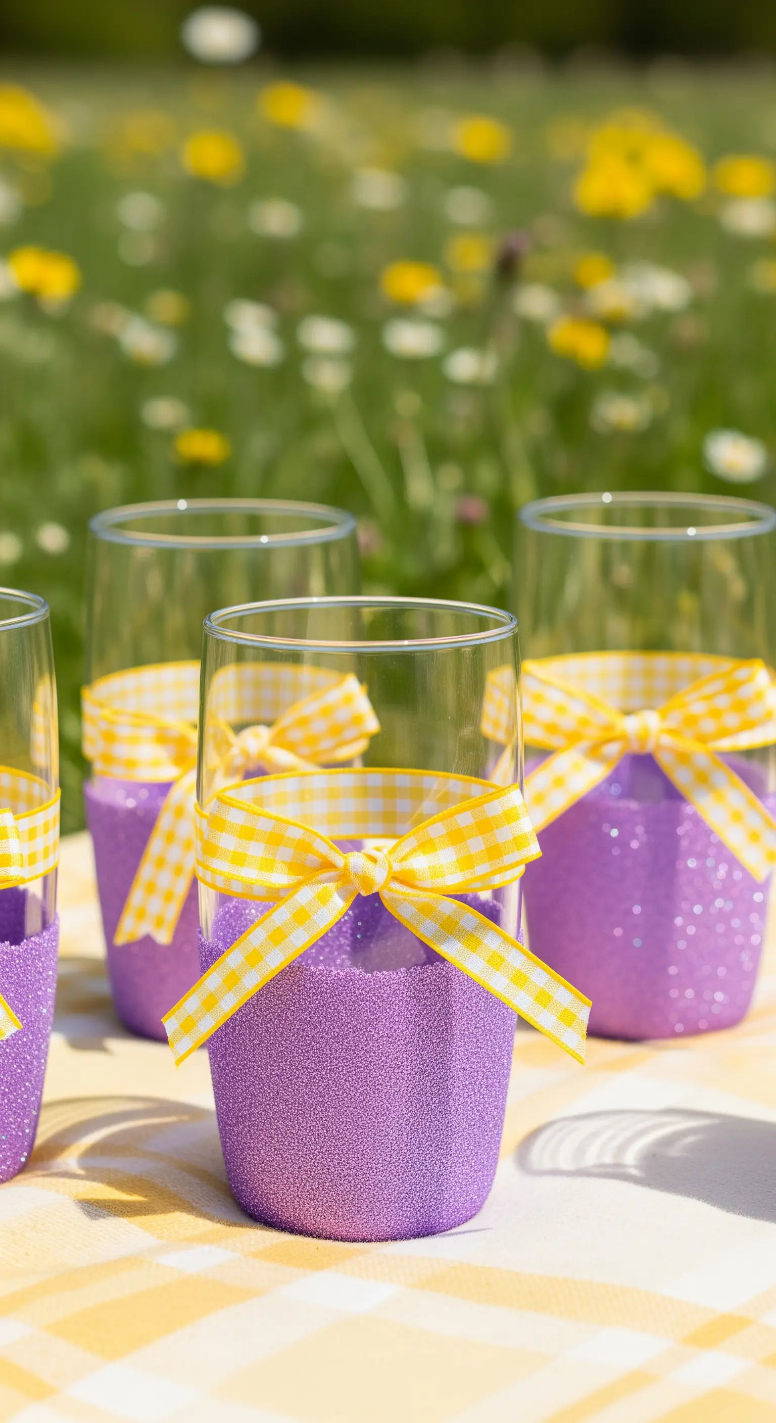 Bicchieri con base glitterata viola e fiocchi a quadretti gialli e bianchi.