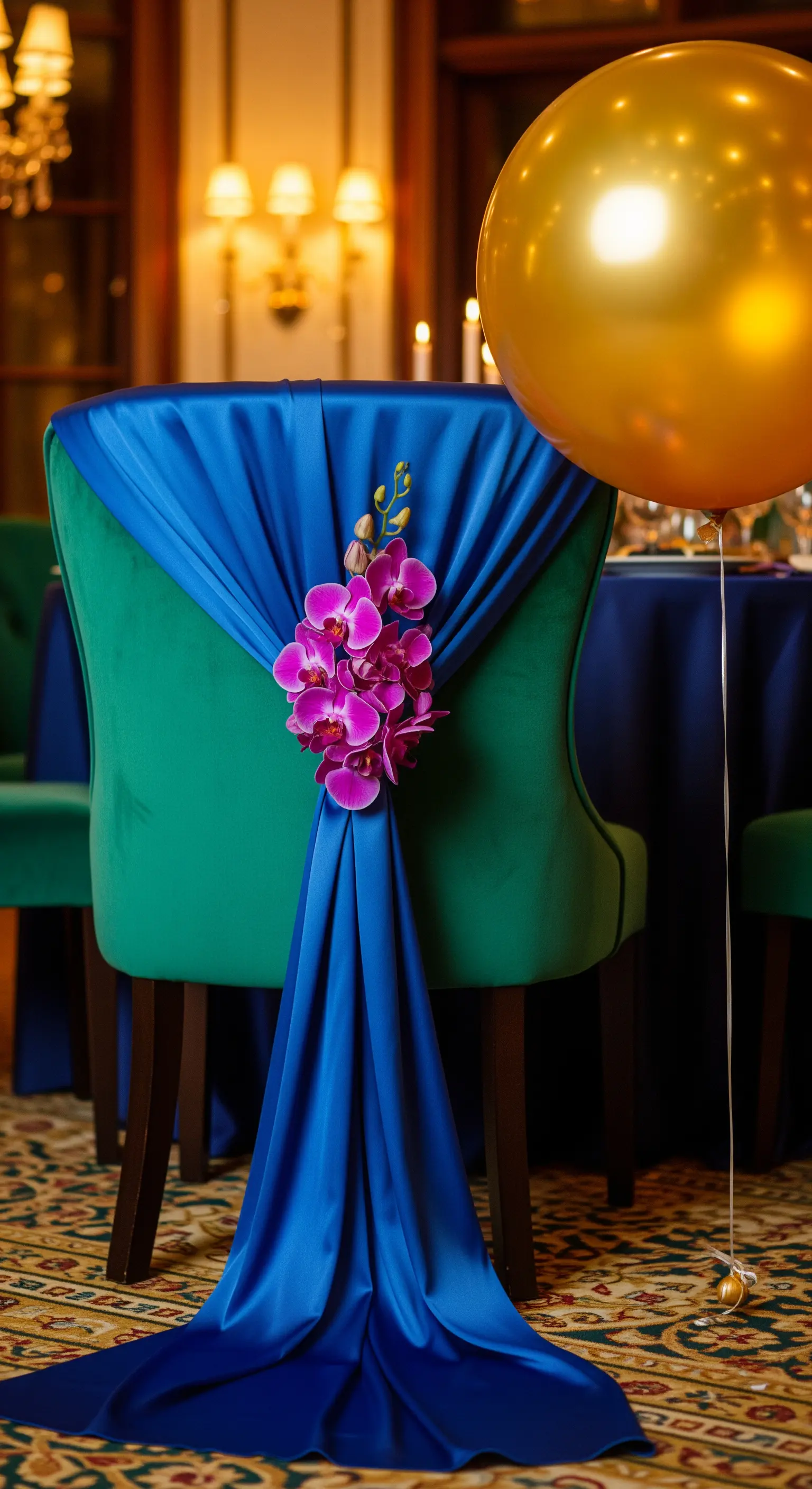 Sedia in velluto verde con drappo blu elettrico, orchidea fucsia e palloncino dorato.