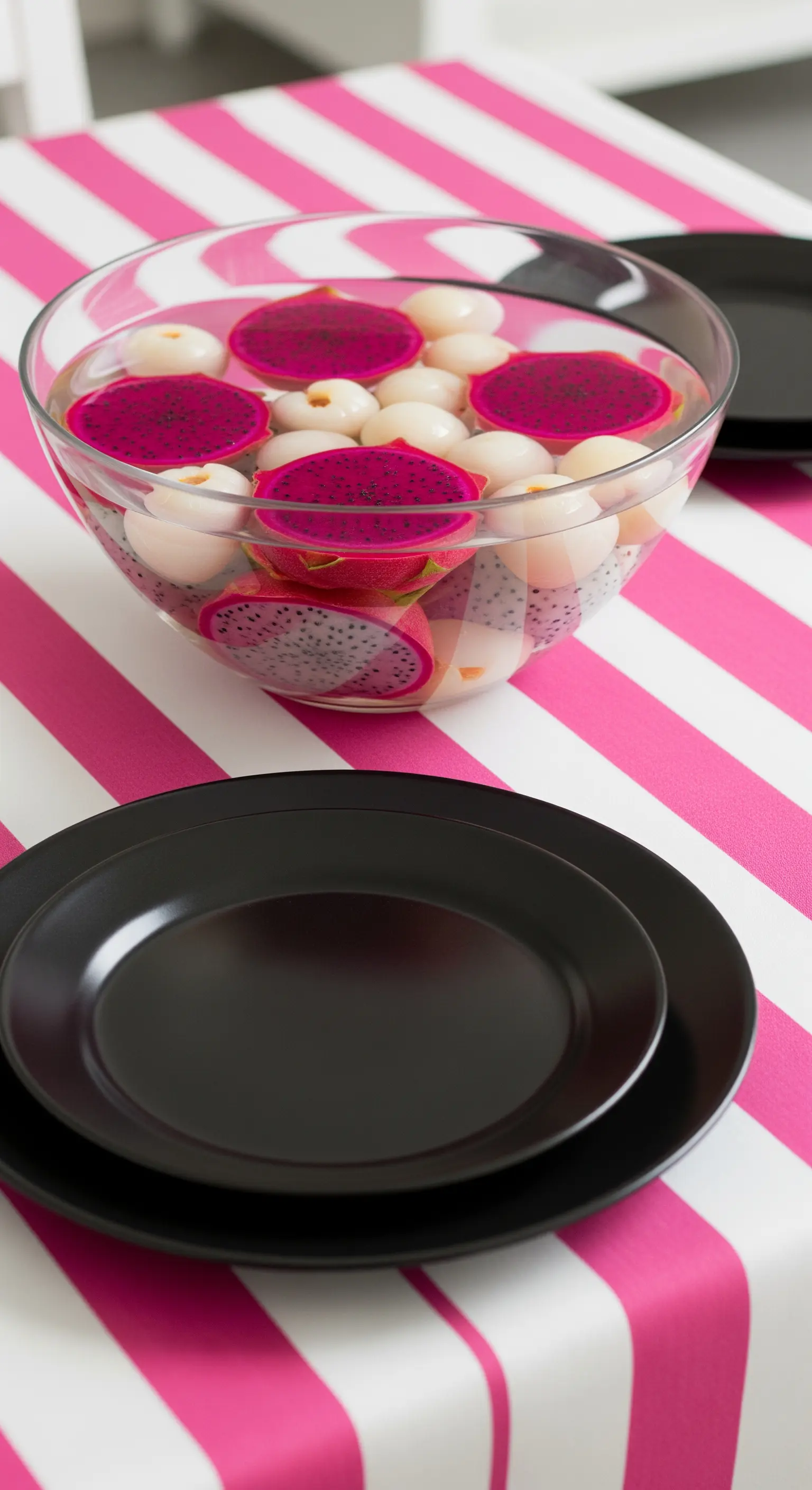 Tavola con tovaglia a righe fucsia, piatti neri e una ciotola con frutto del drago.