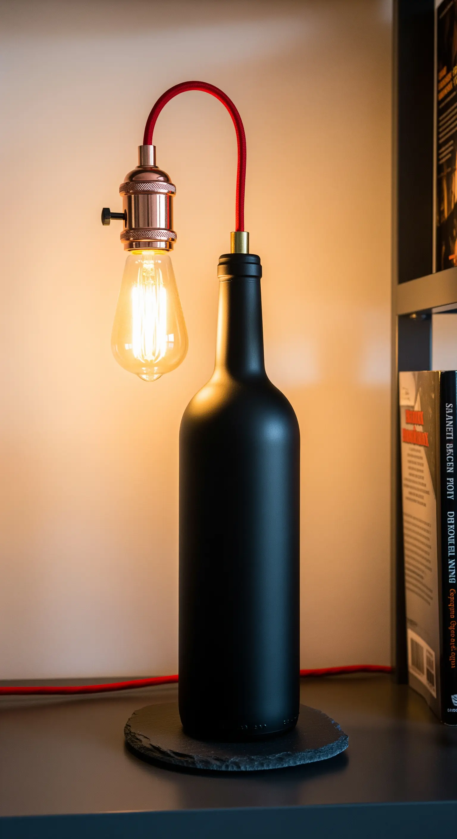 Lampada con bottiglia verniciata di nero opaco e cavo elettrico in tessuto rosso.