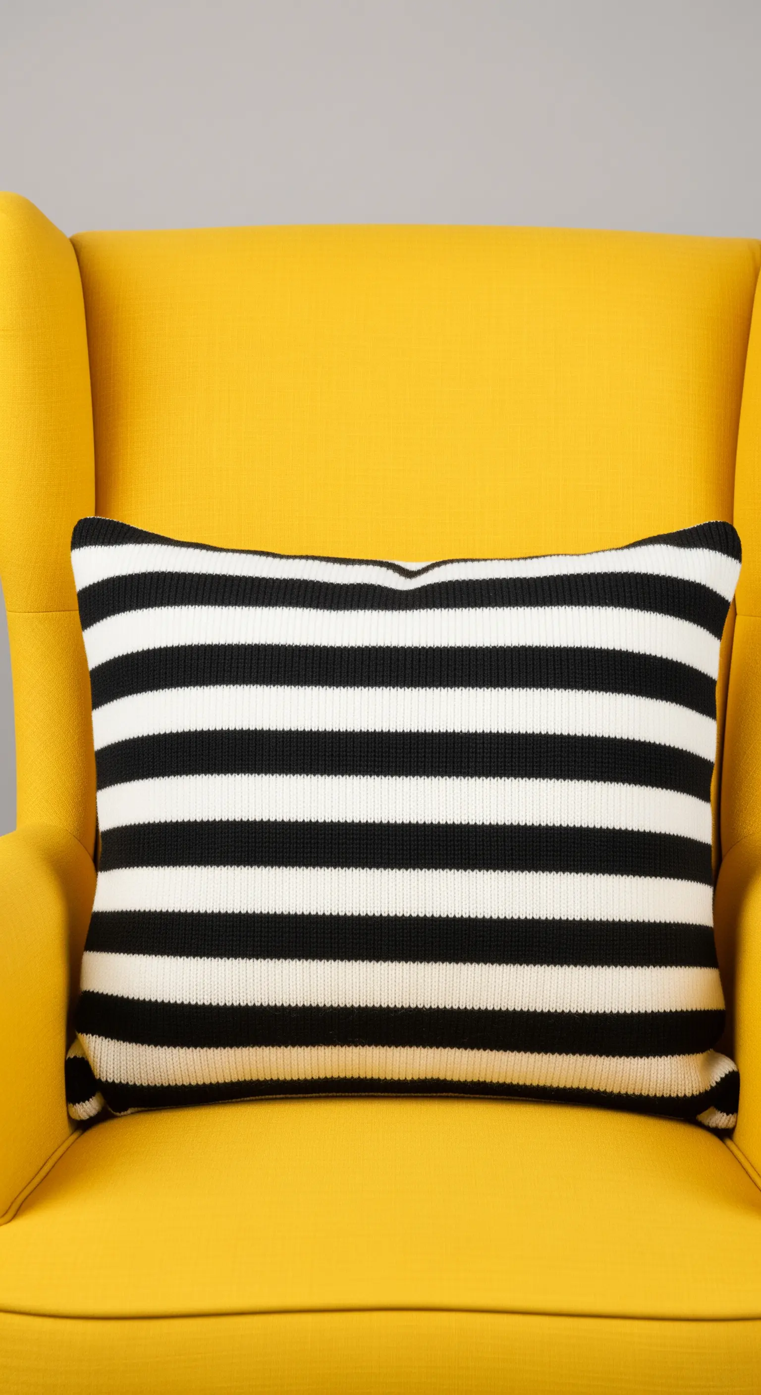 Cuscino a righe bianche e nere su una poltrona giallo brillante.