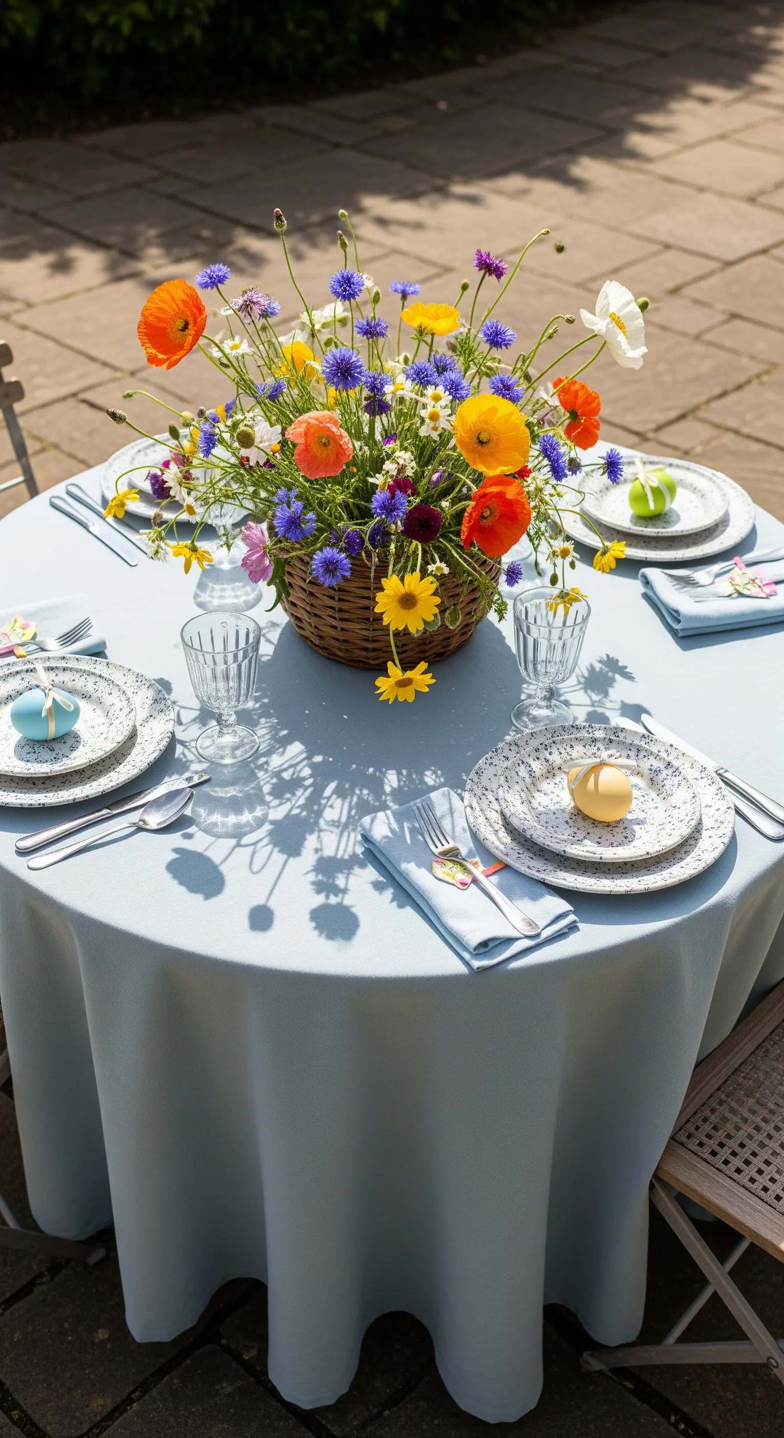 Tavola rotonda all'aperto con tovaglia azzurra e cesto di fiori di campo colorati