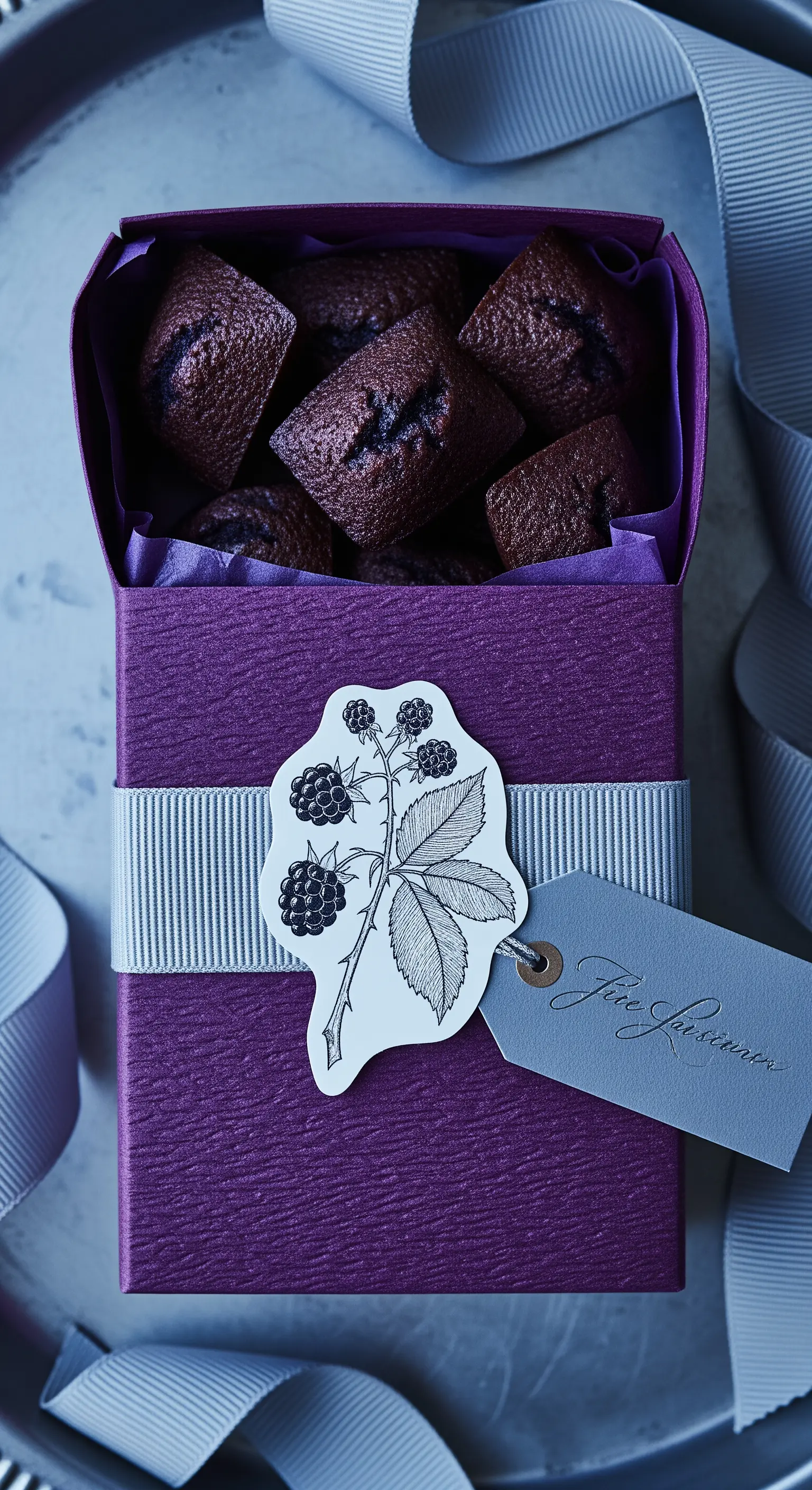 Dolcetti al cioccolato in una scatola viola con un tag illustrato a tema mora.