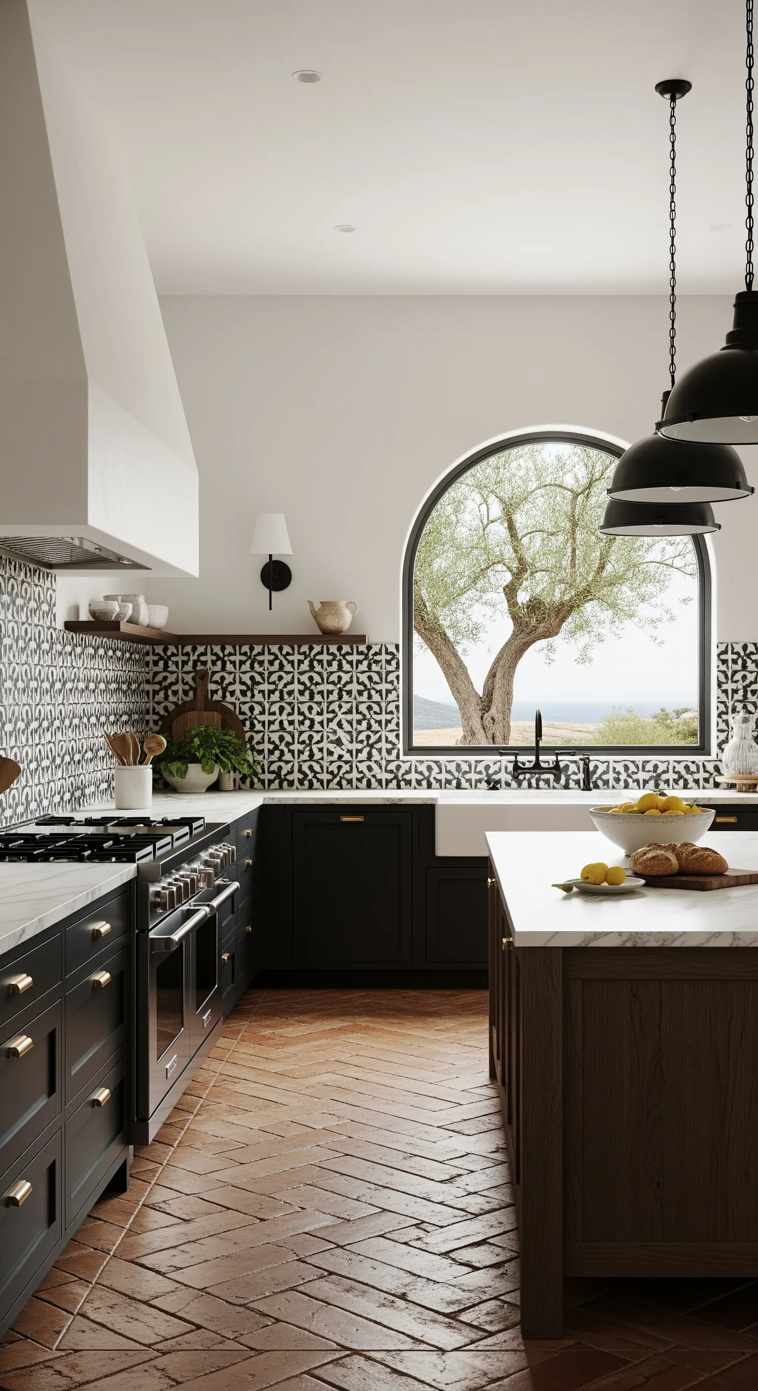 Cucina moderna con mobili scuri, paraschizzi in bianco e nero e pavimento in cotto a spina di pesce.