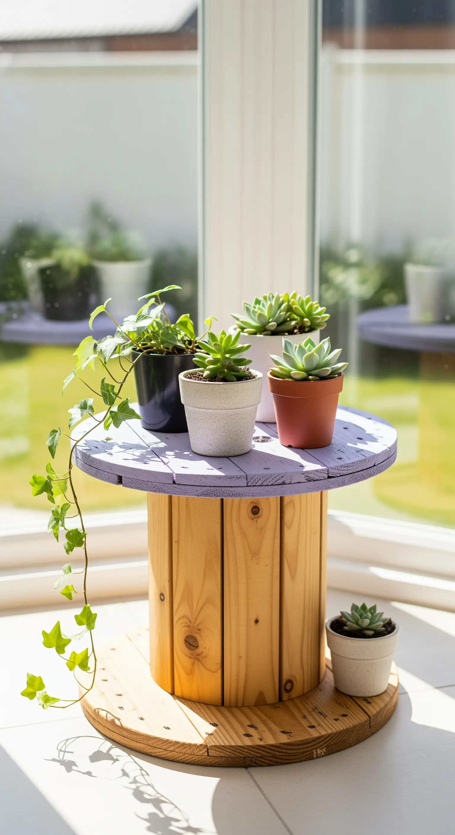 Bobina di legno con base naturale e piano dipinto di lilla, usata come porta piante.
