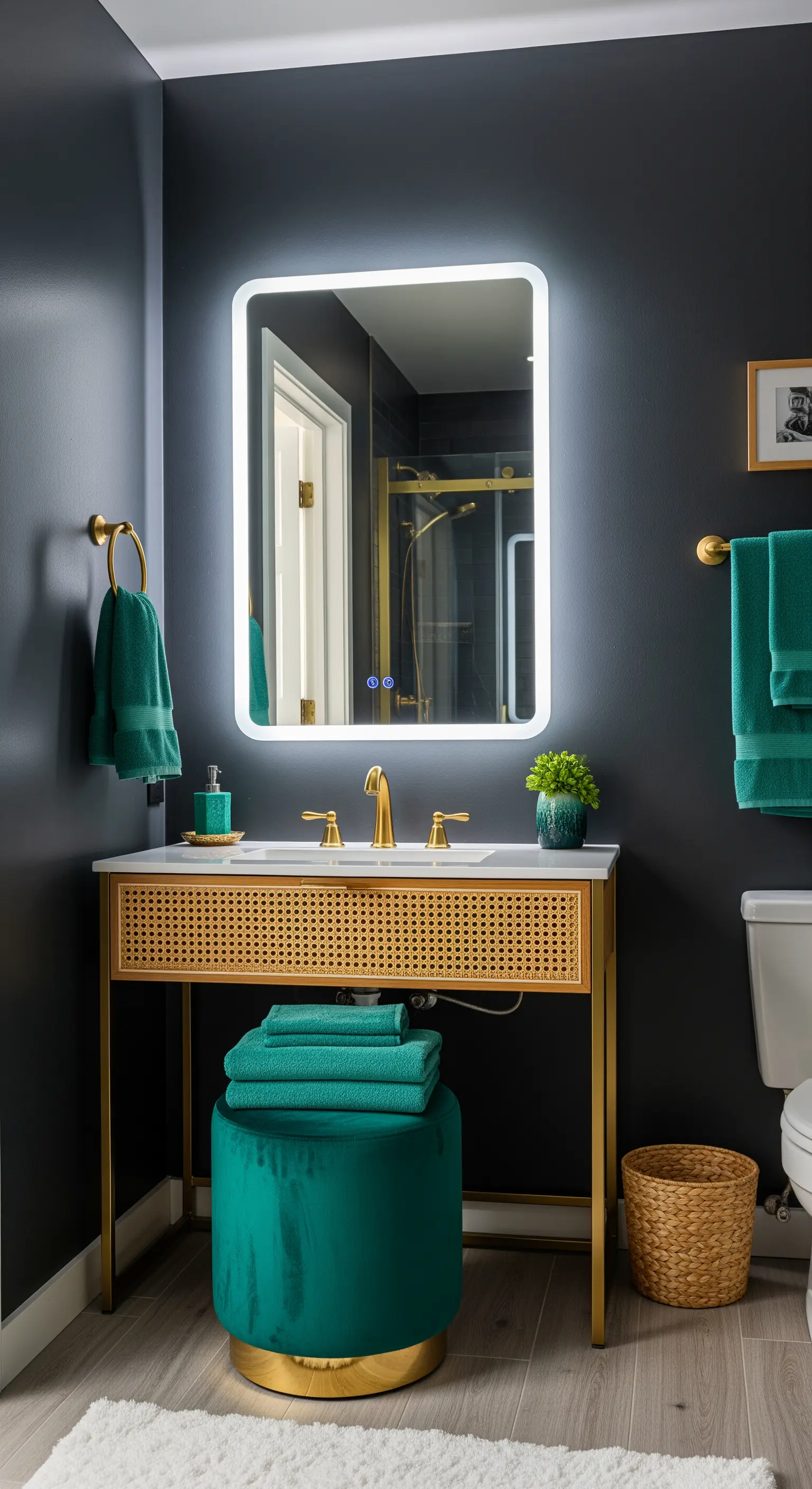 Bagno con pareti scure, mobile console dorato e rattan, e accessori verde acqua.