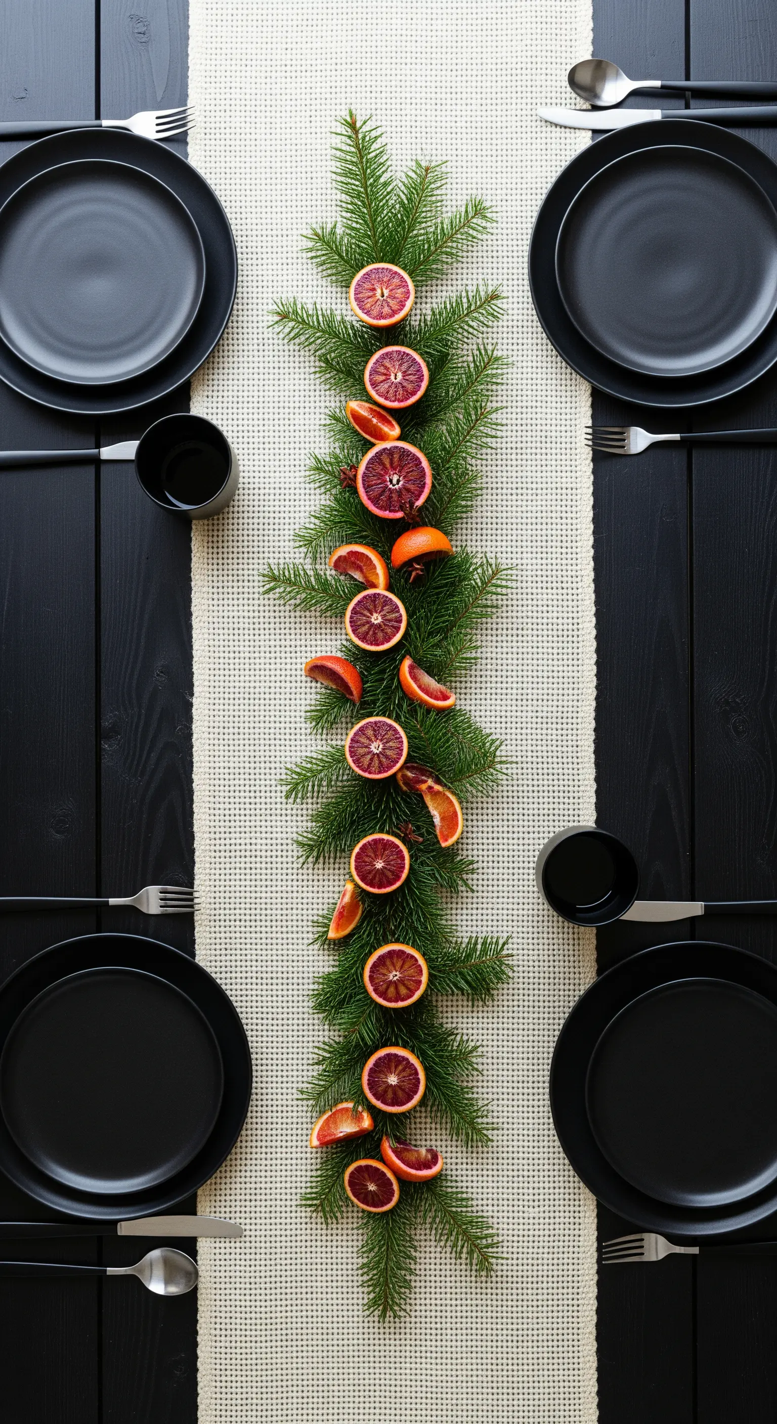 Tavola nera con runner chiaro e una ghirlanda di pino e arance rosse, vista dall'alto