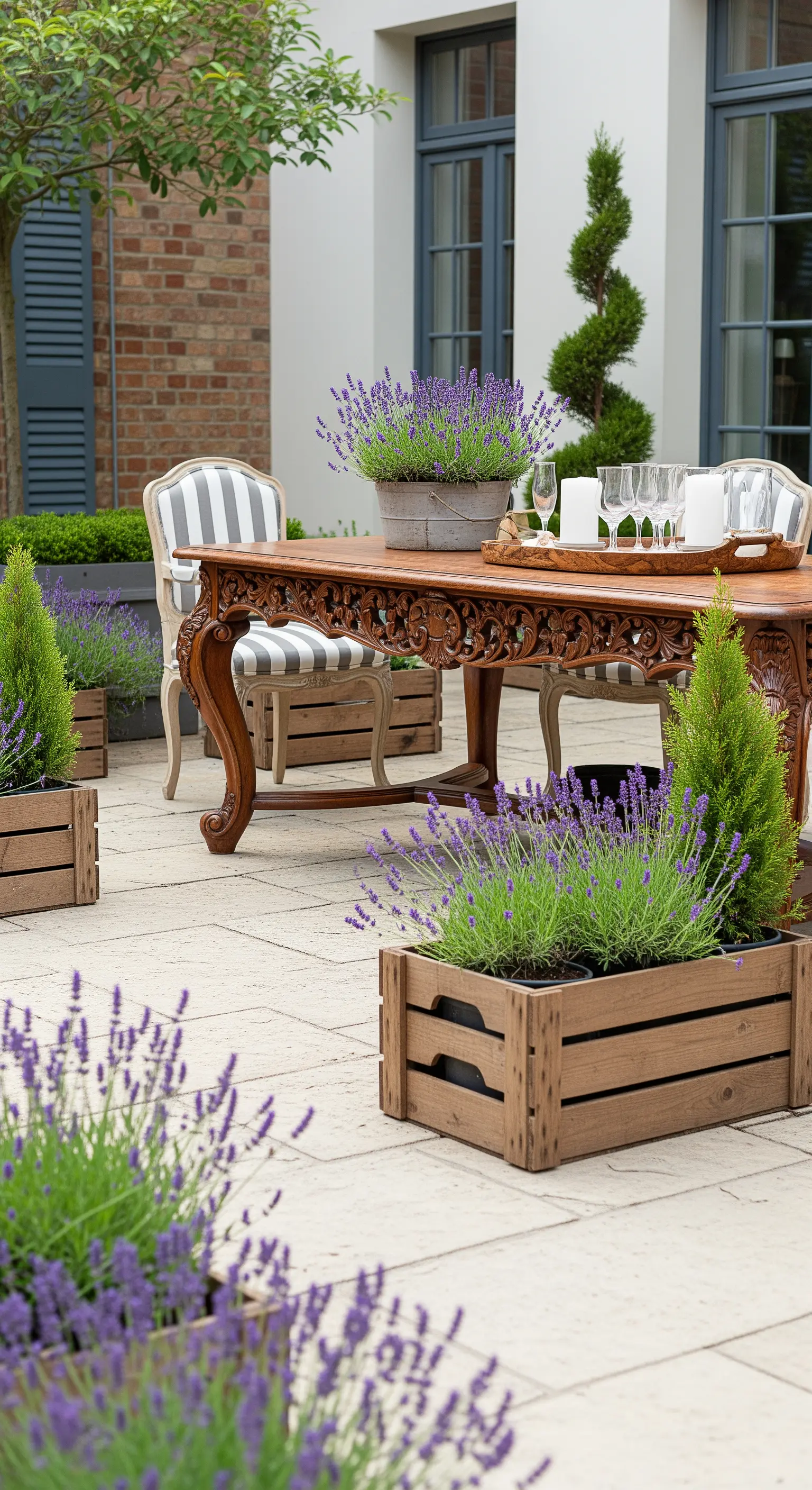 Tavolo da pranzo barocco in un patio elegante circondato da cassette di legno con lavanda