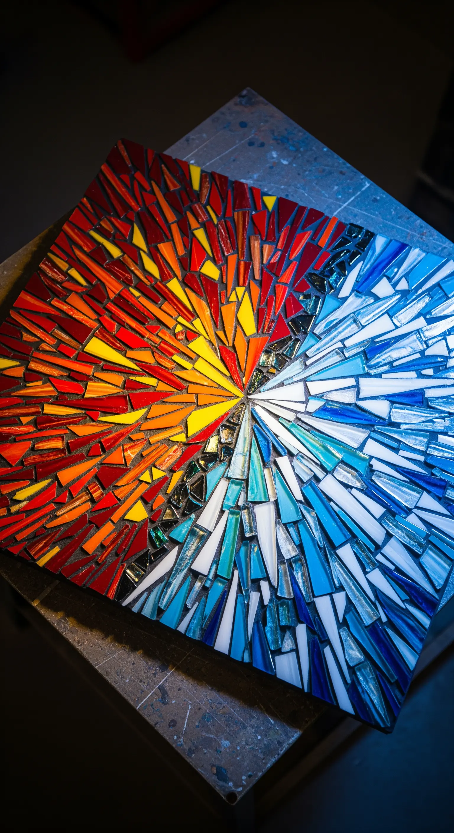 Mosaico astratto diviso diagonalmente: una metà con colori caldi (fuoco) e una con colori freddi (ghiaccio).