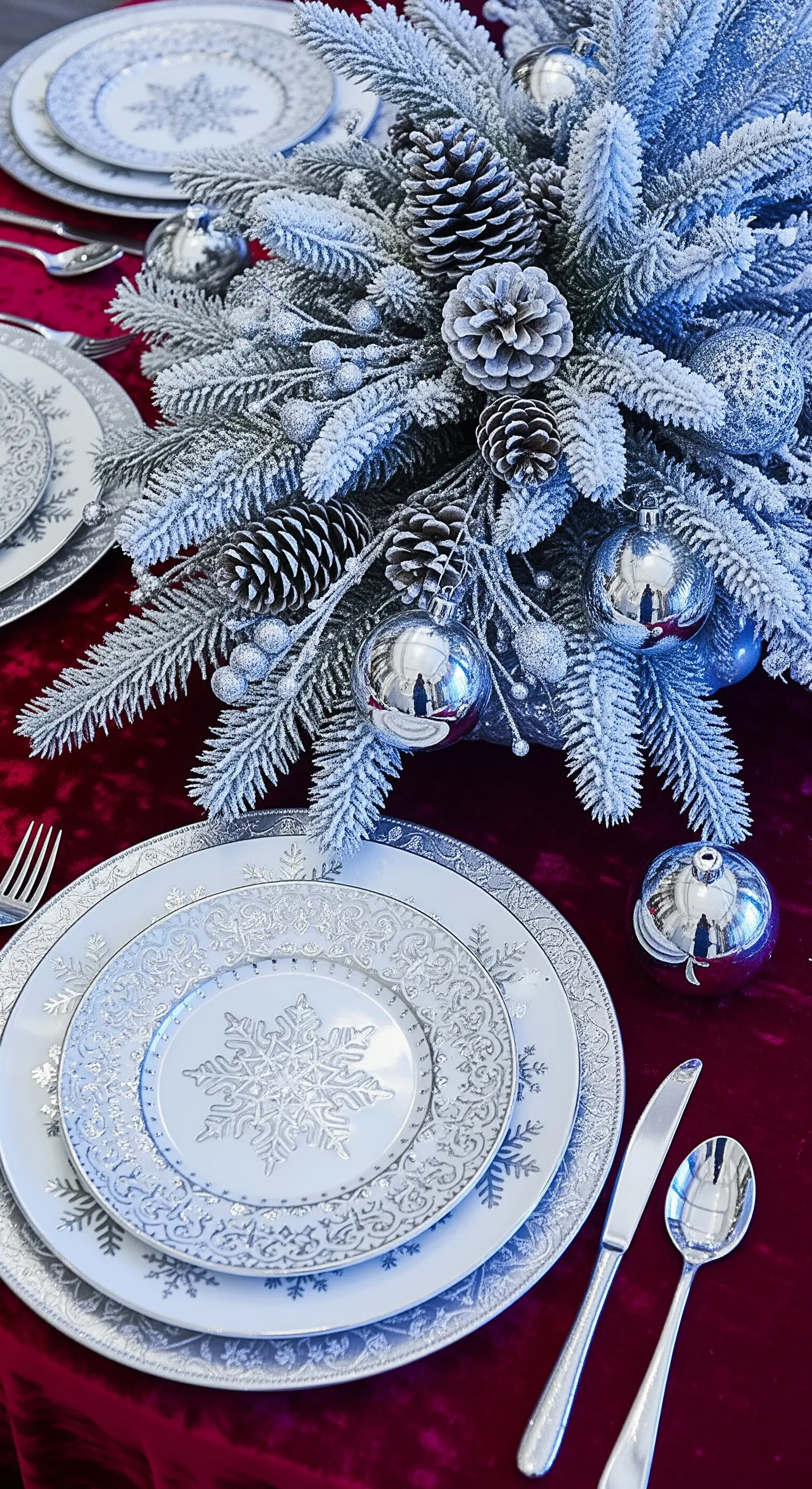 Tavola di Natale con tovaglia rossa, centrotavola innevato e decorazioni argentate.