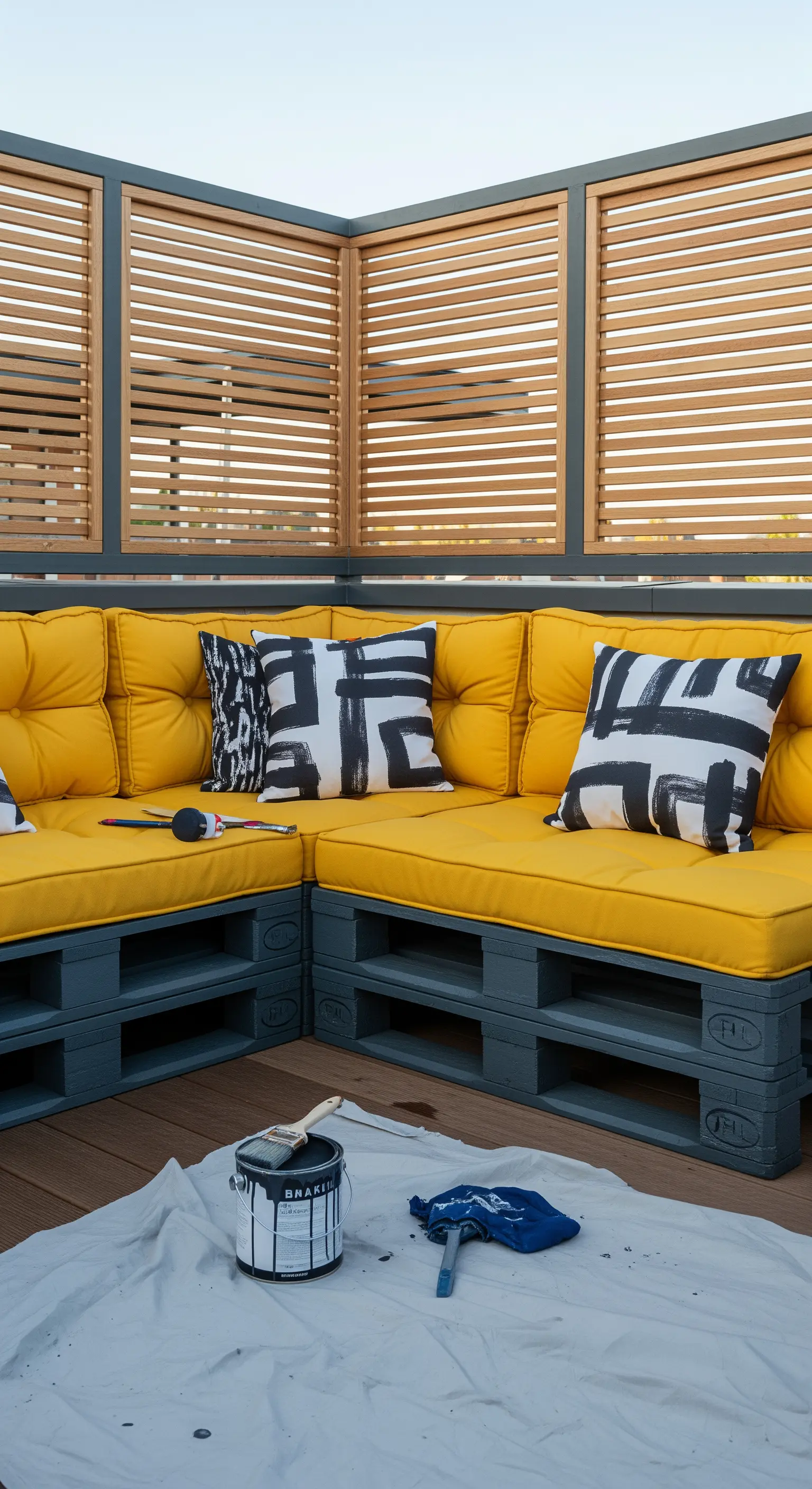 Divano angolare in pallet verniciati di grigio scuro con cuscini gialli e cuscini decorativi astratti