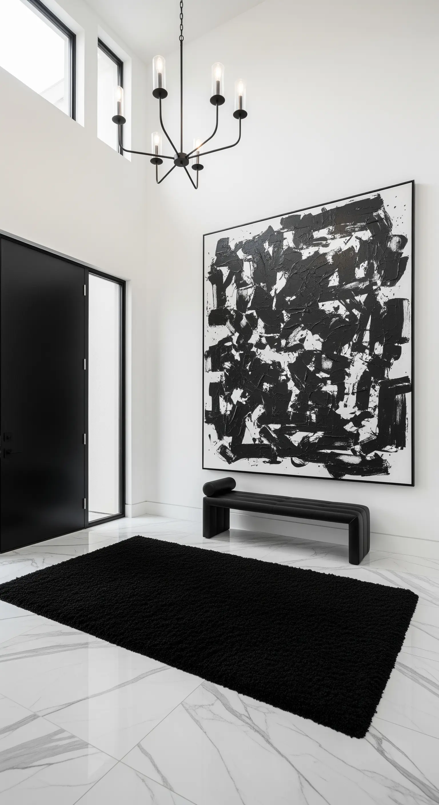 Ingresso lussuoso con pavimento in marmo, grande quadro astratto in bianco e nero e arredi neri.