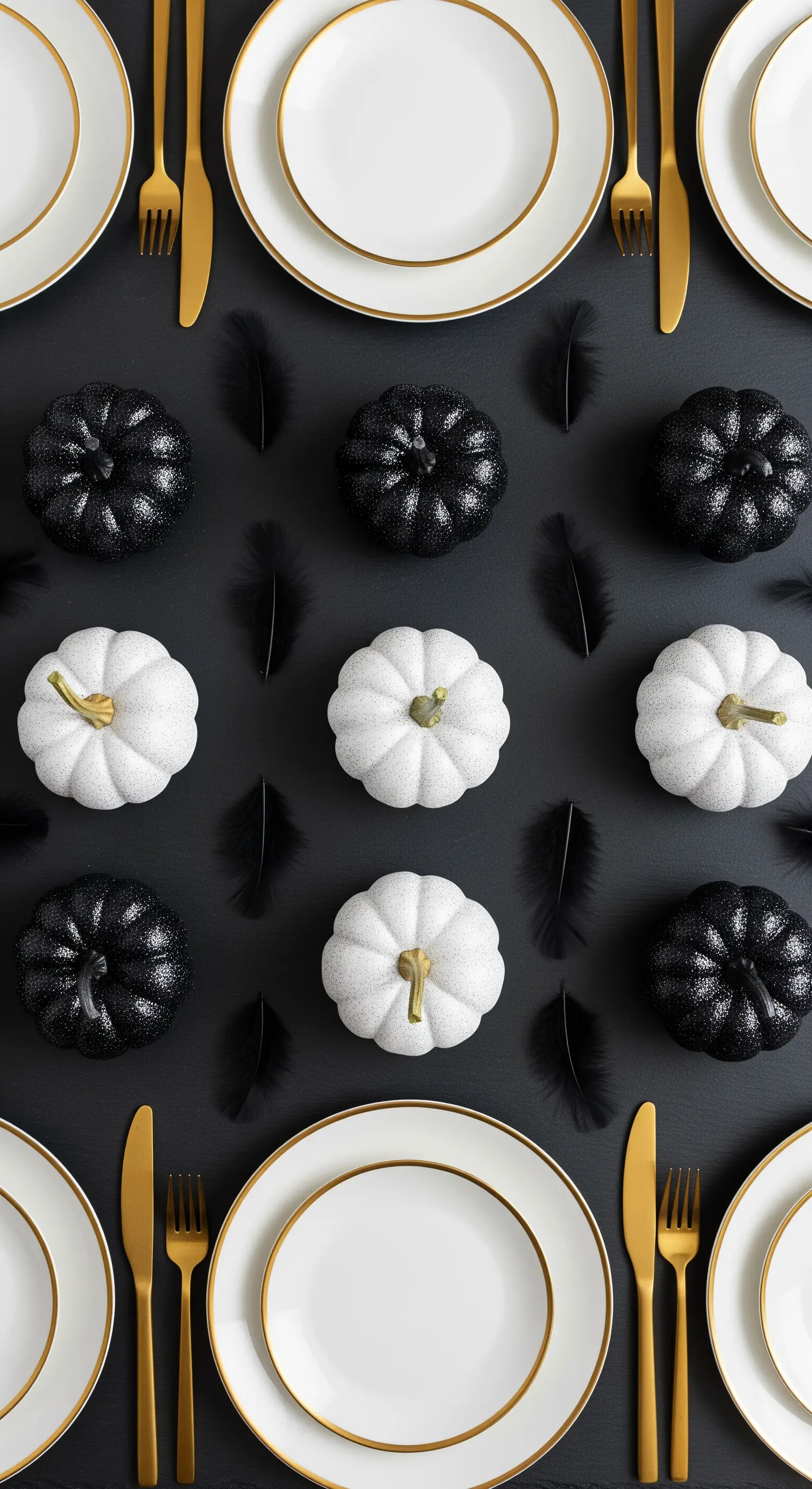 Composizione grafica con zucche bianche e nere e posate oro.