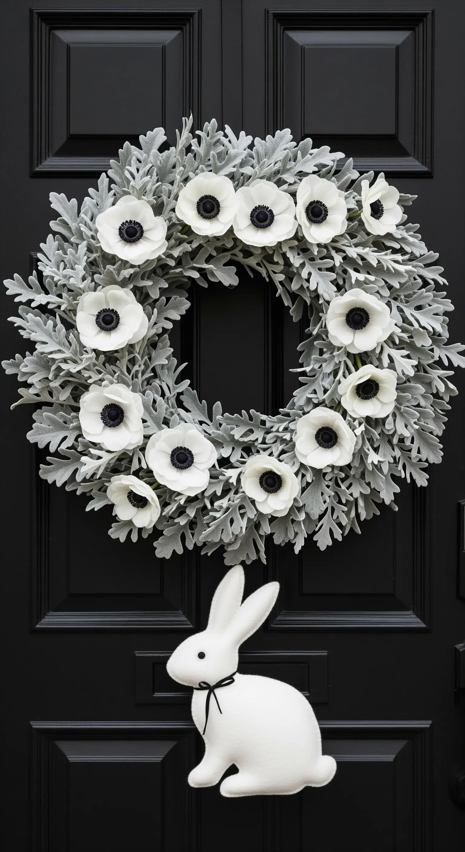 Ghirlanda di foglie argentate e anemoni bianchi con un coniglio bianco su porta nera.