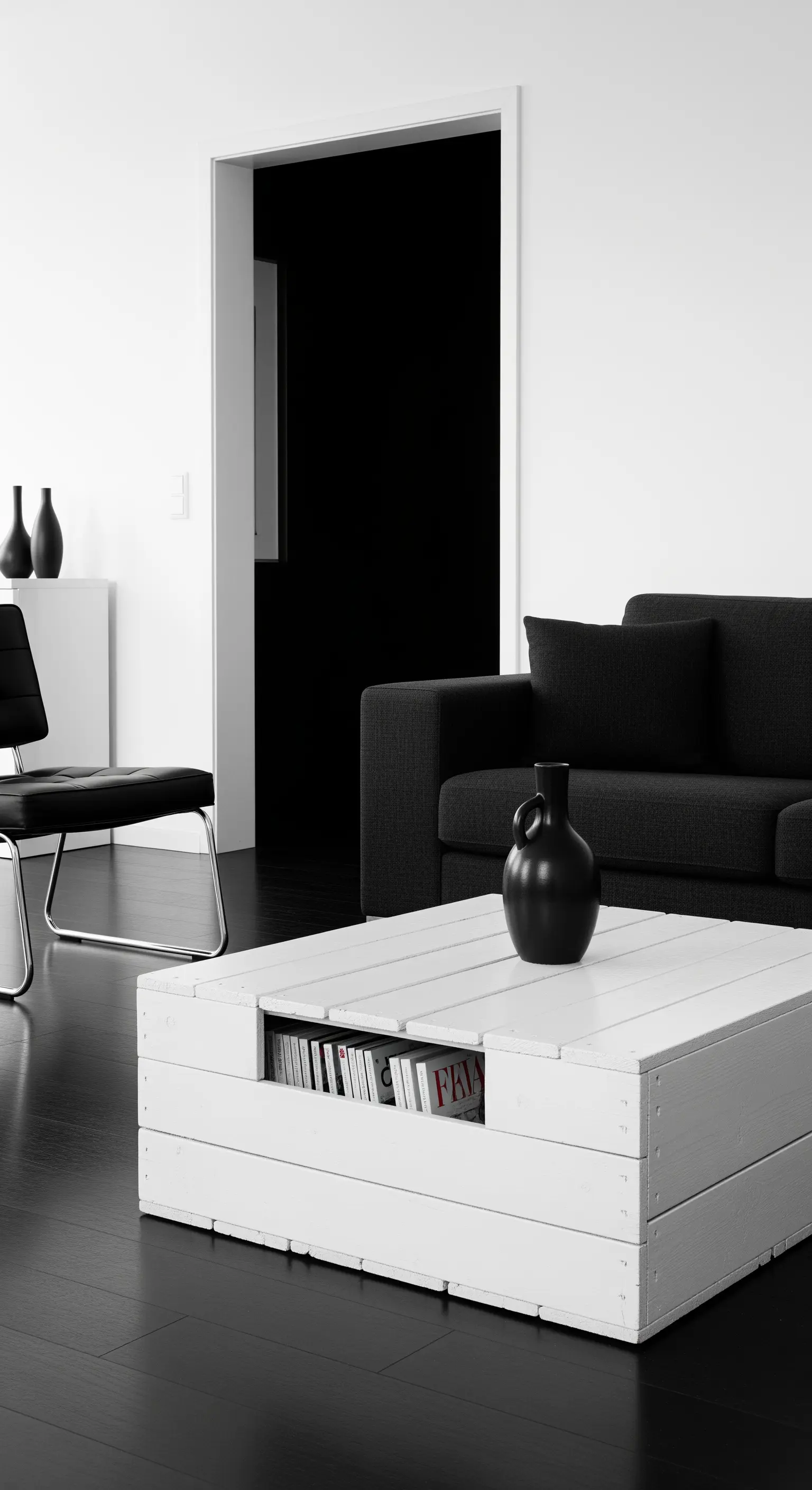 Tavolino basso bianco realizzato con cassette di legno in un salotto con pavimento nero.