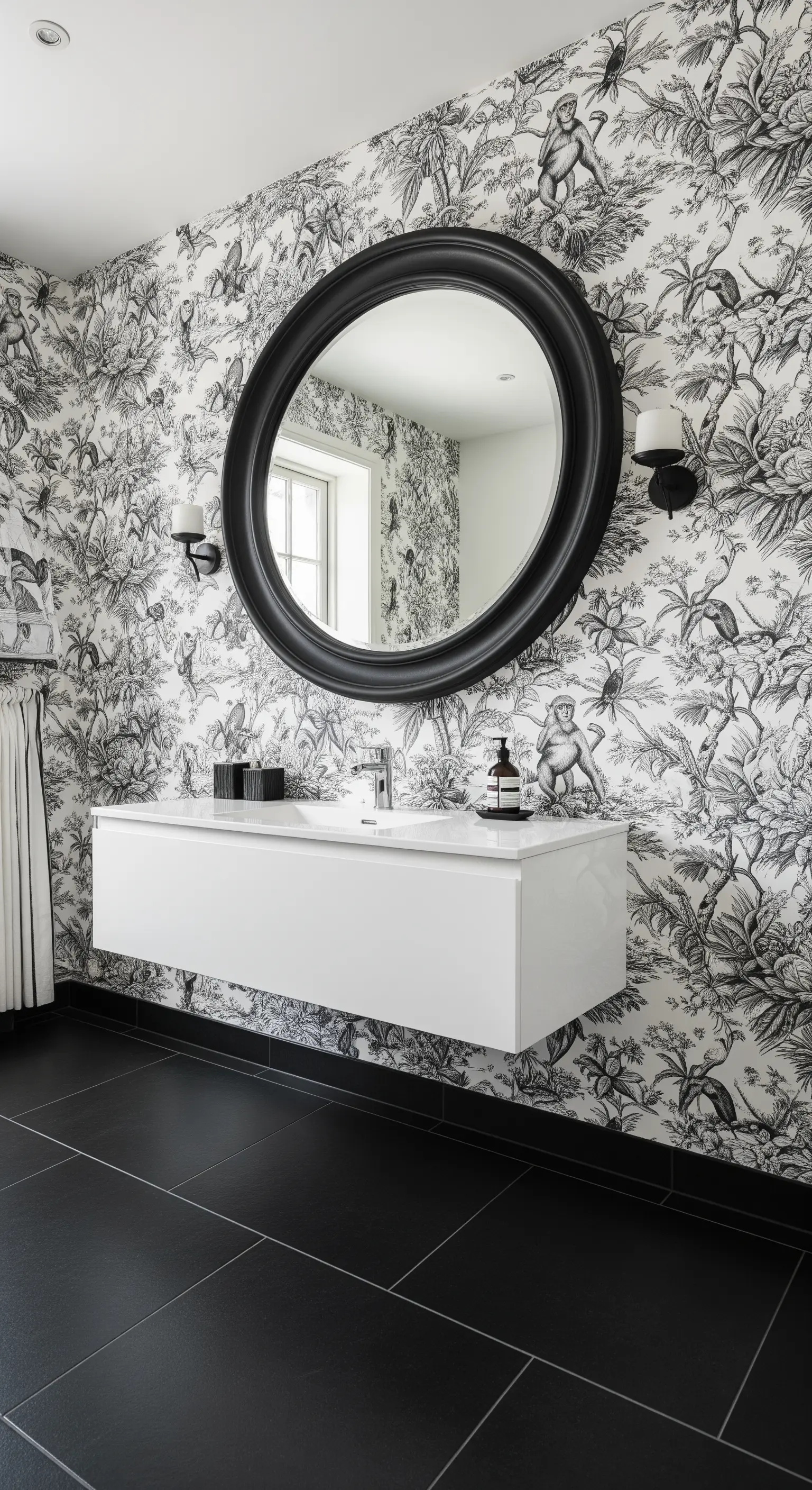 Bagno con carta da parati Toile de Jouy in bianco e nero e specchio con cornice nera.