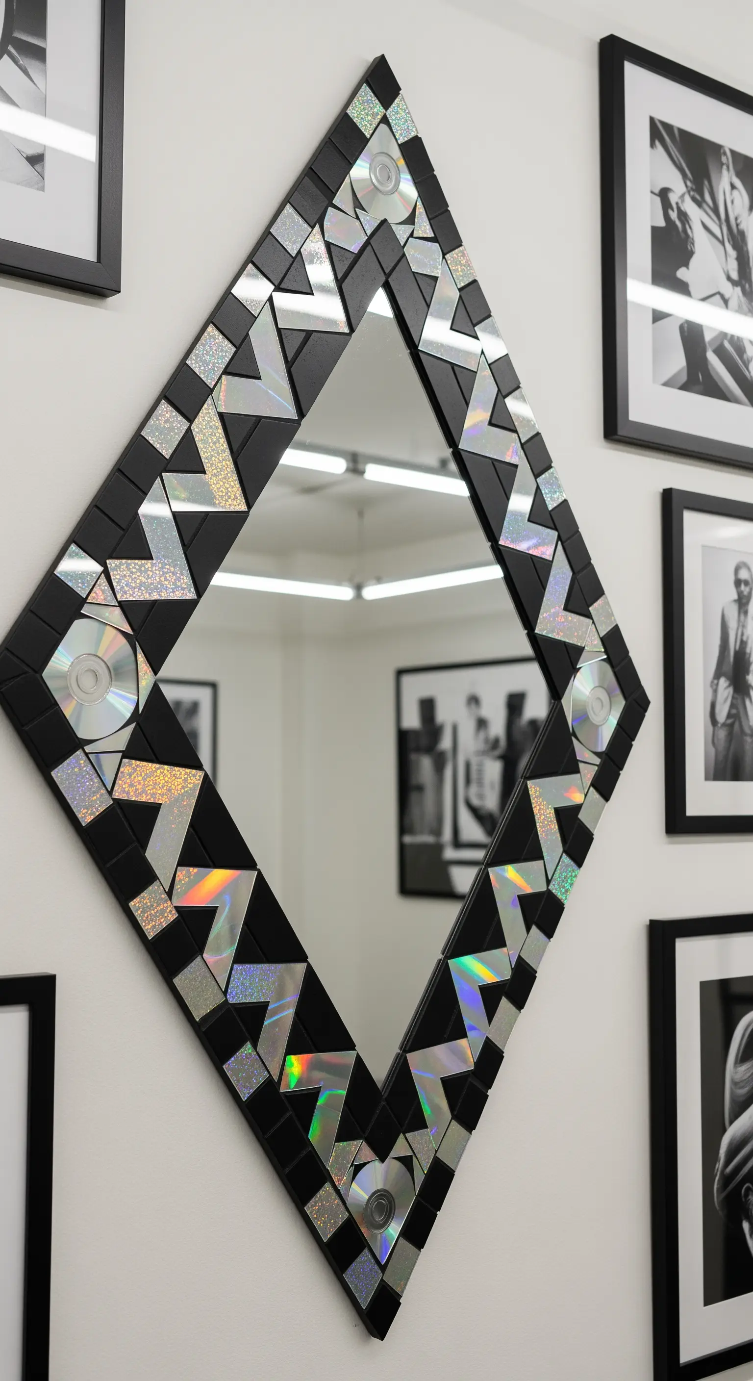 Specchio a forma di rombo con cornice nera e un motivo grafico a zig-zag in argento e nero.