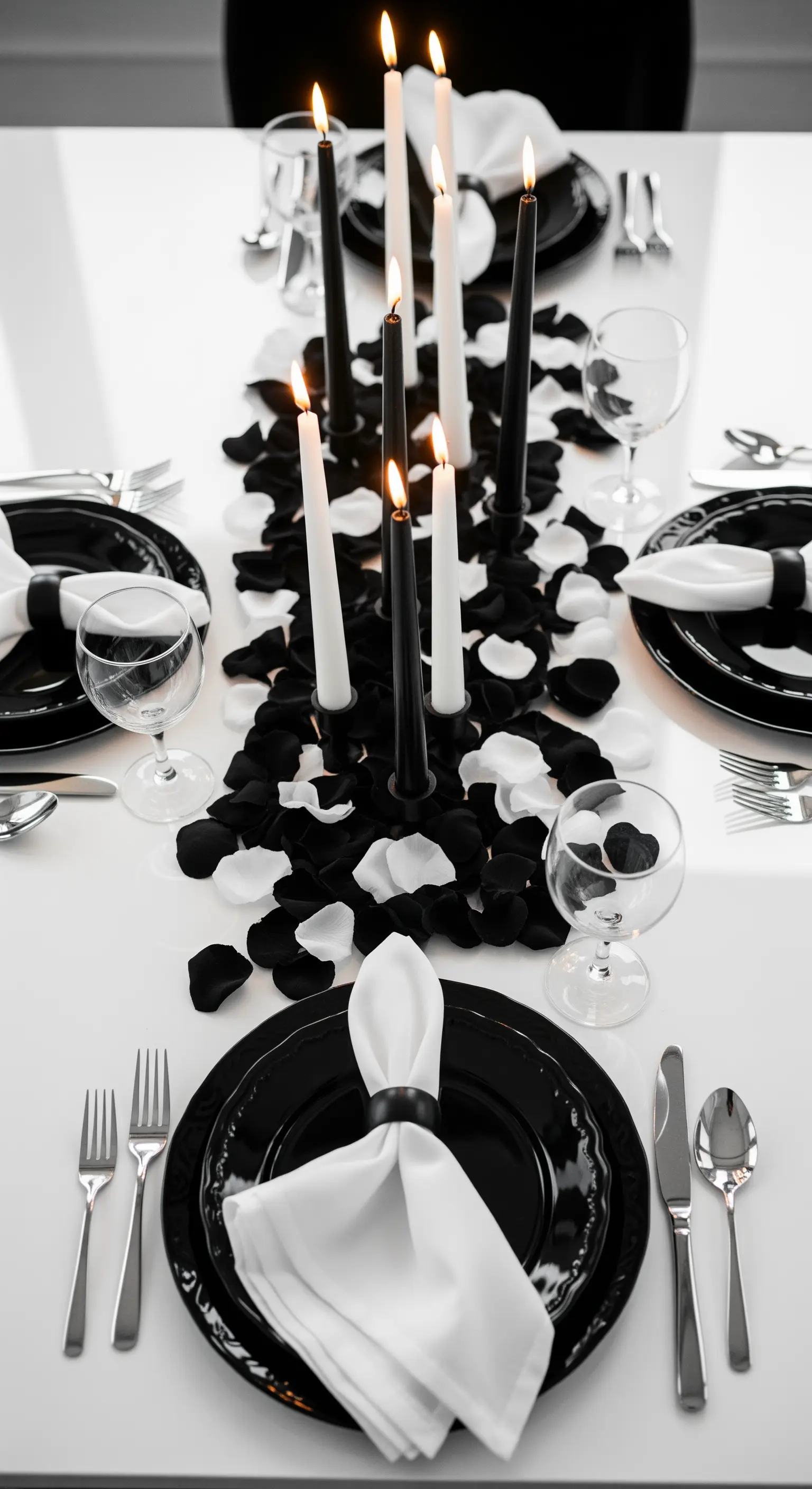 Tavola moderna in bianco e nero con candele alternate e petali neri e bianchi