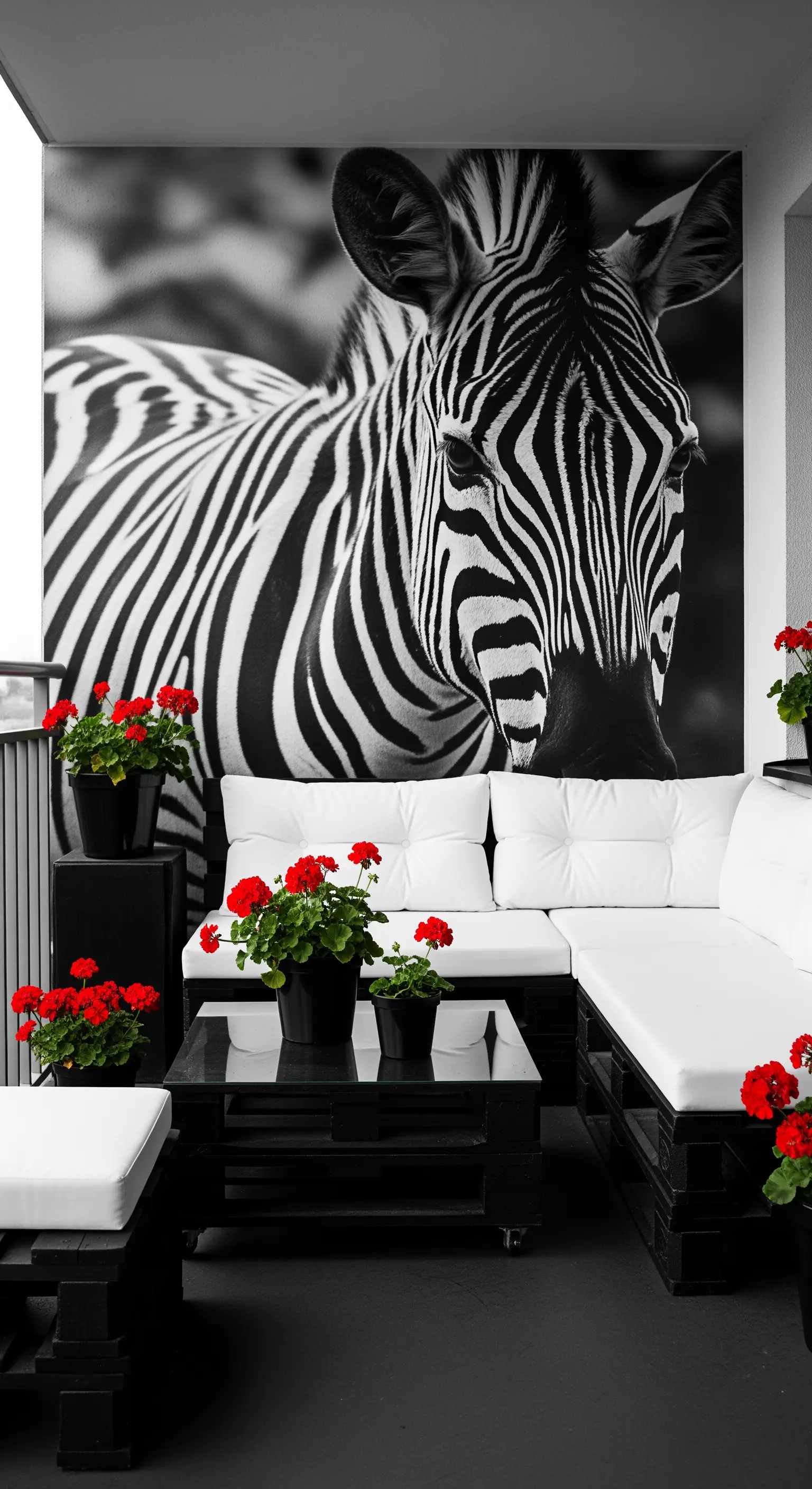 Balcone monocromatico con grande murale di una zebra, divani neri e gerani rossi.