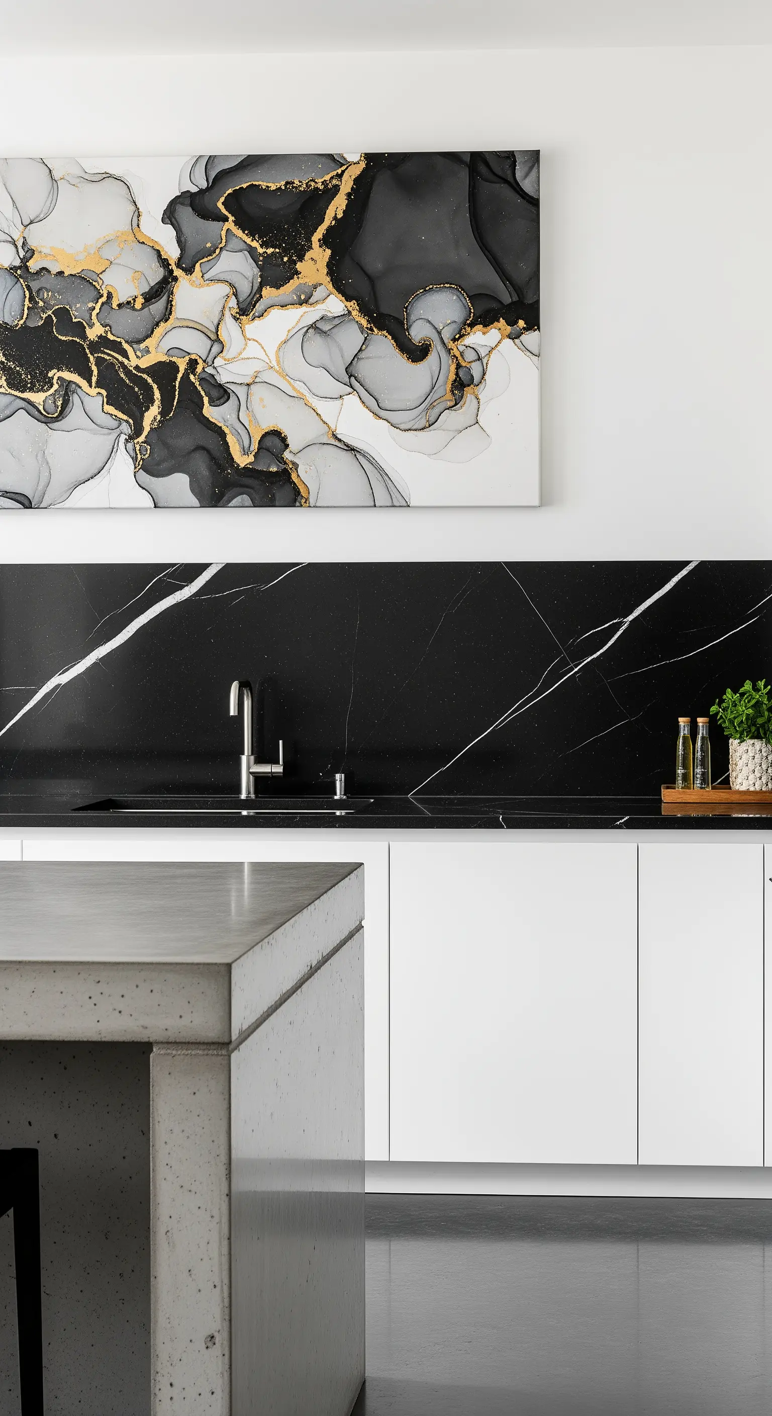 Cucina moderna con paraschizzi in marmo nero, isola in cemento e quadro astratto coordinato.