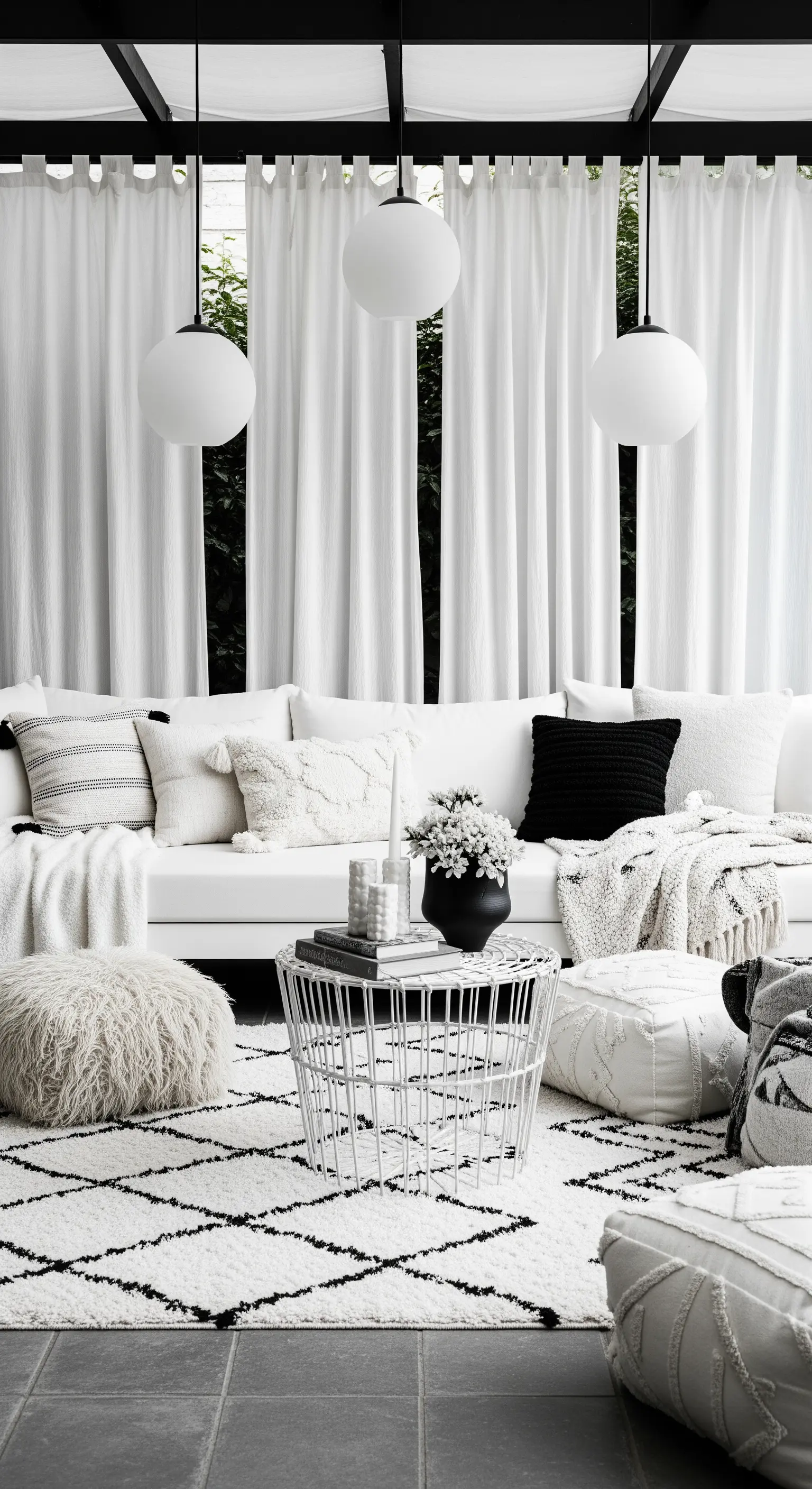 Patio monocromatico con divano bianco, cuscini e tappeto berbero in bianco e nero.
