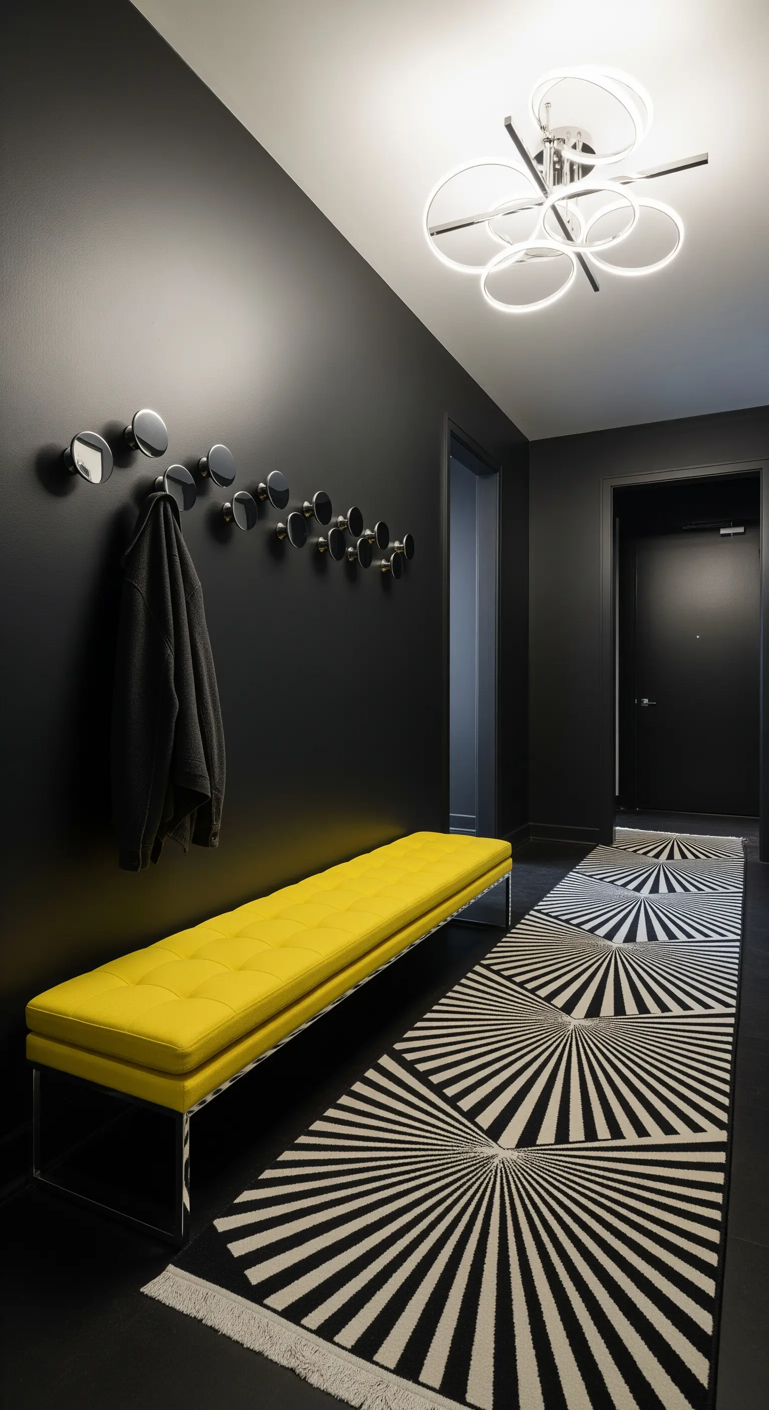 Ingresso nero con panca lunga in pelle gialla e runner optical in bianco e nero.