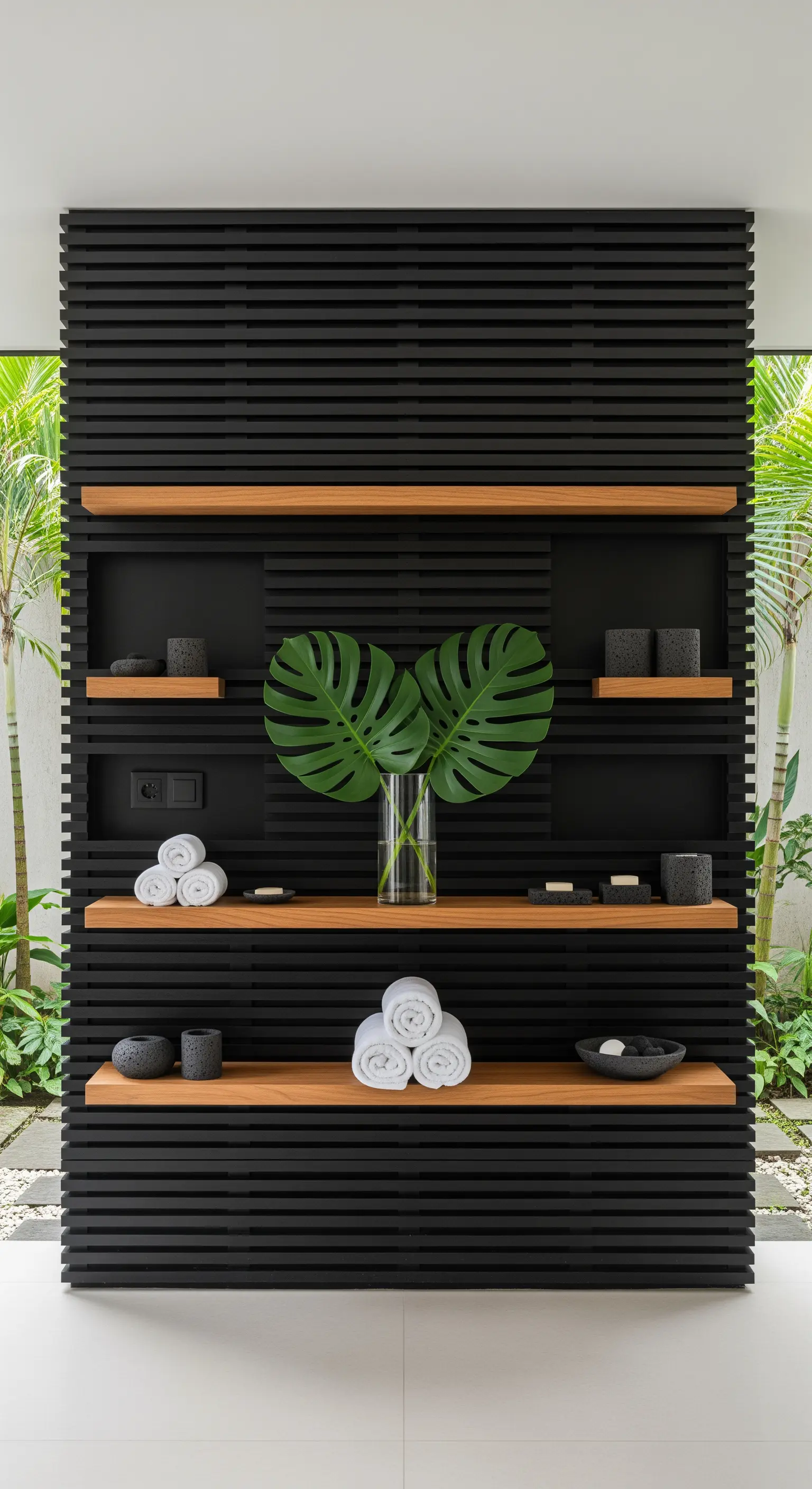 Parete attrezzata nera con listelli orizzontali e ripiani in legno chiaro, con piante tropicali.
