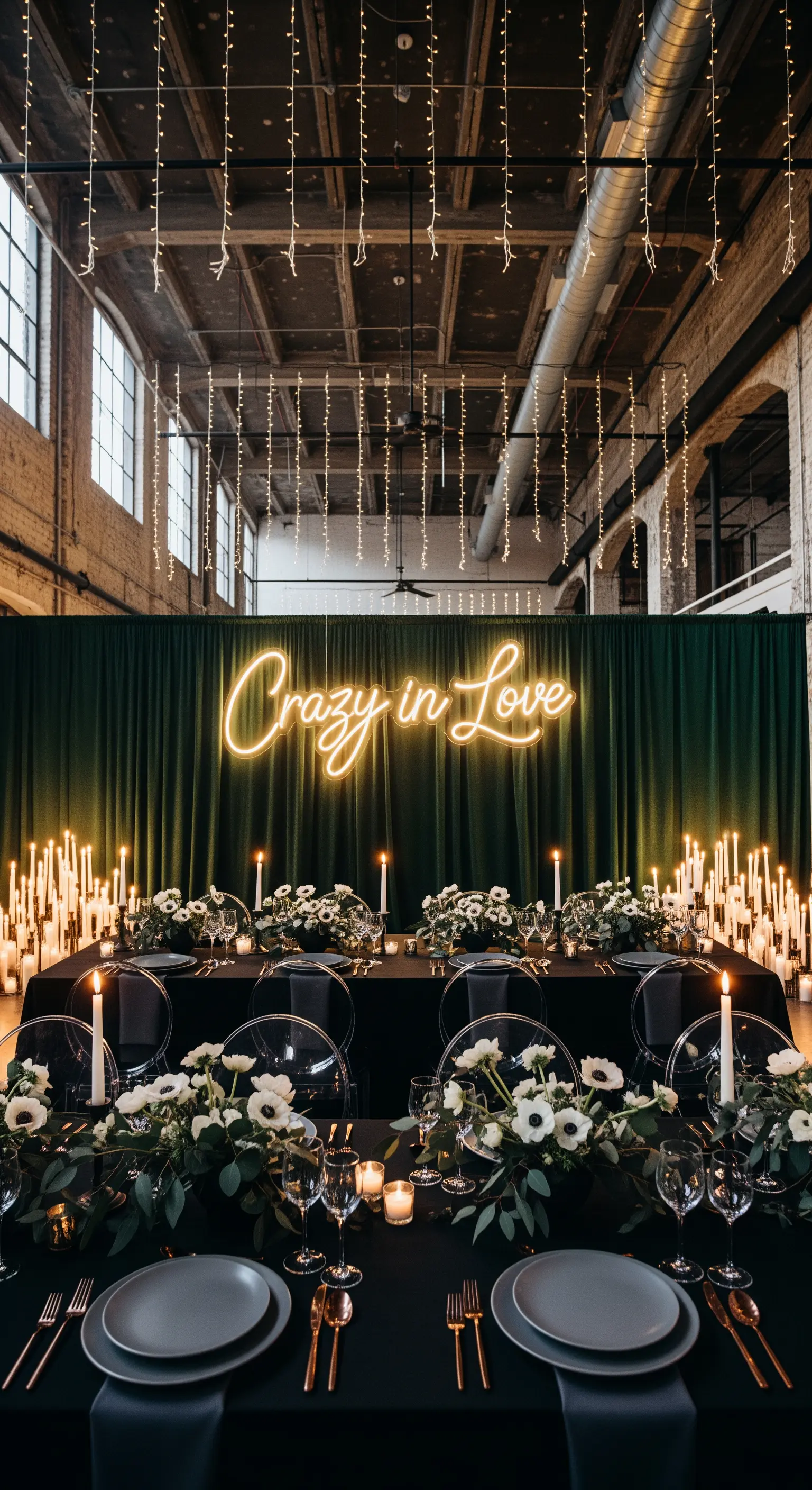 Tavolo da ricevimento nero con scritta al neon 