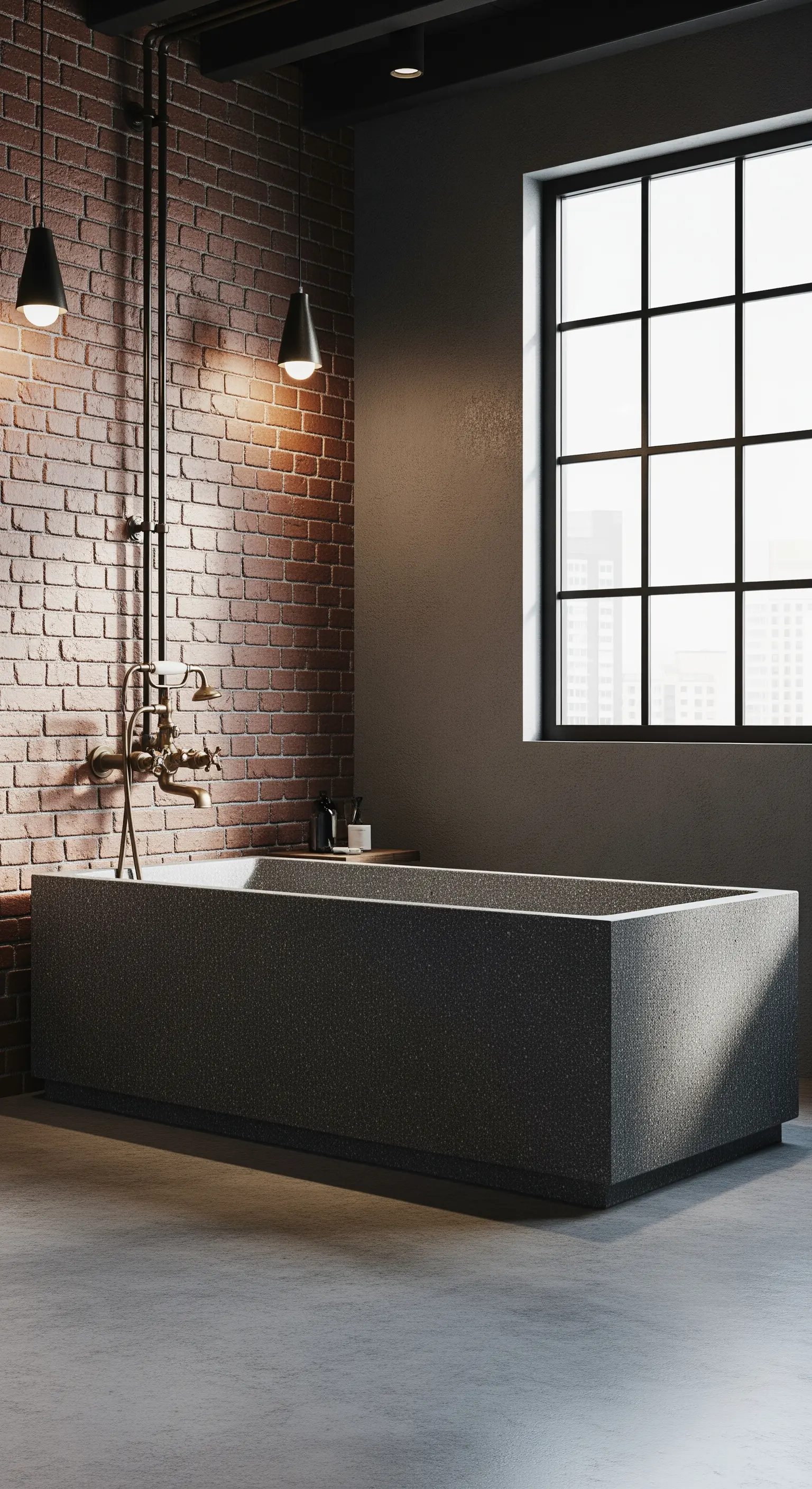 Vasca squadrata in granito scuro in un bagno industrial con parete di mattoni a vista.