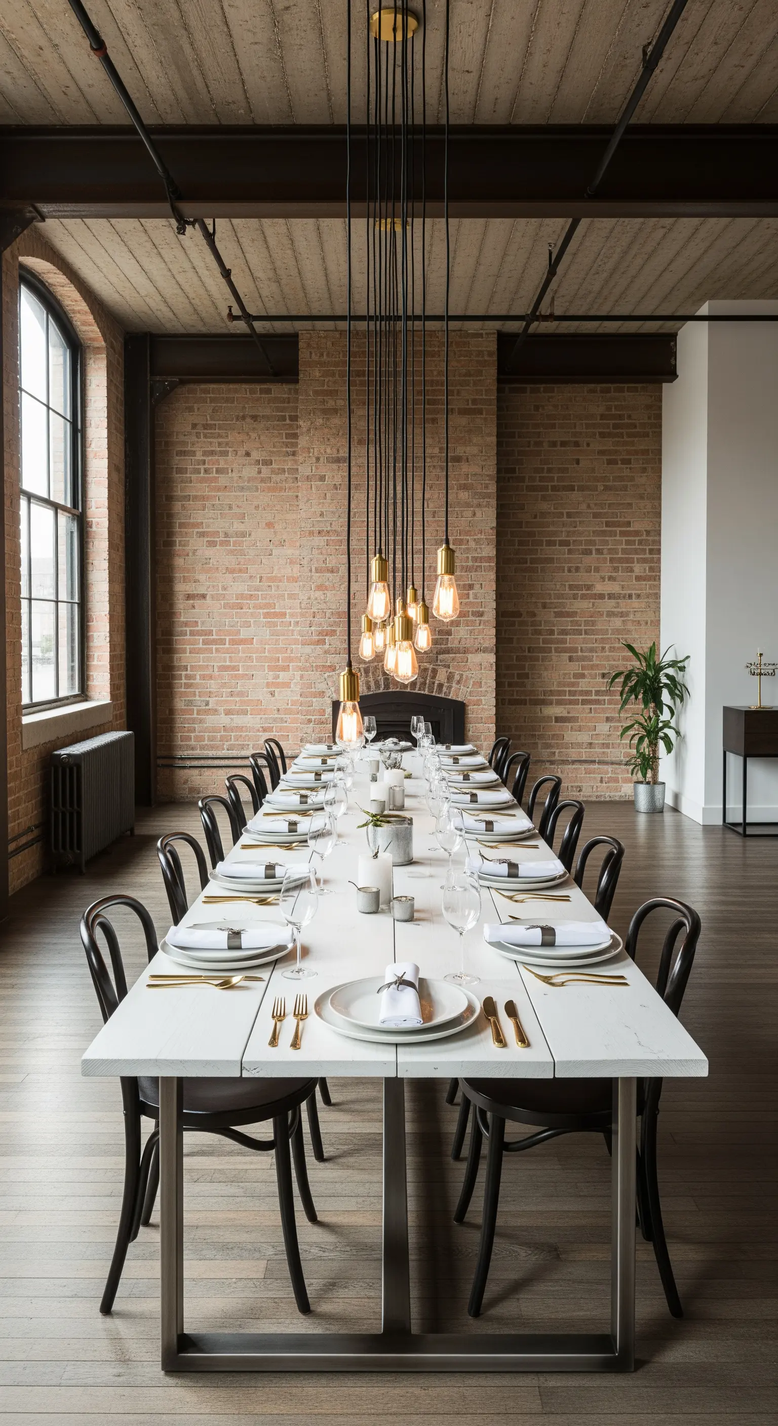 Lungo tavolo bianco in un loft industriale con mattoni a vista e lampade a sospensione.