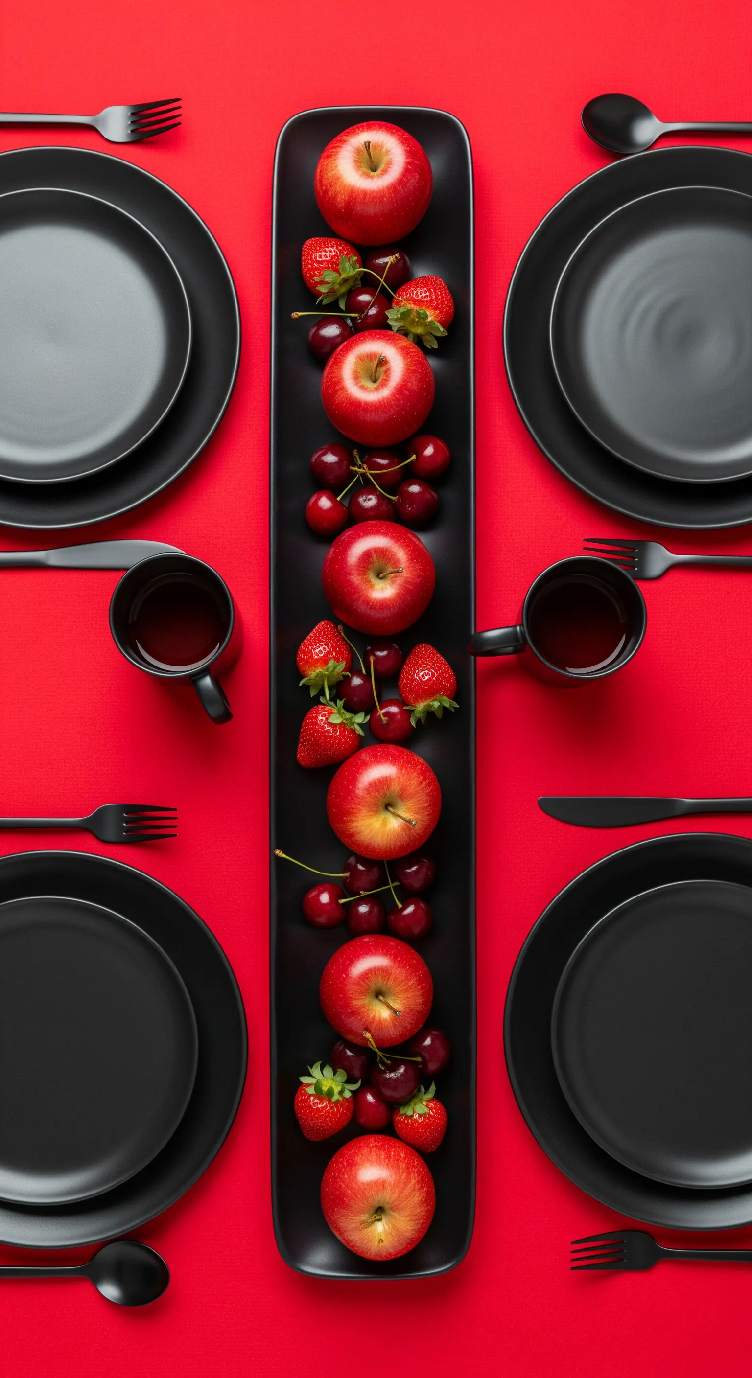 Piatti neri e frutta rossa disposti linearmente su uno sfondo rosso acceso.