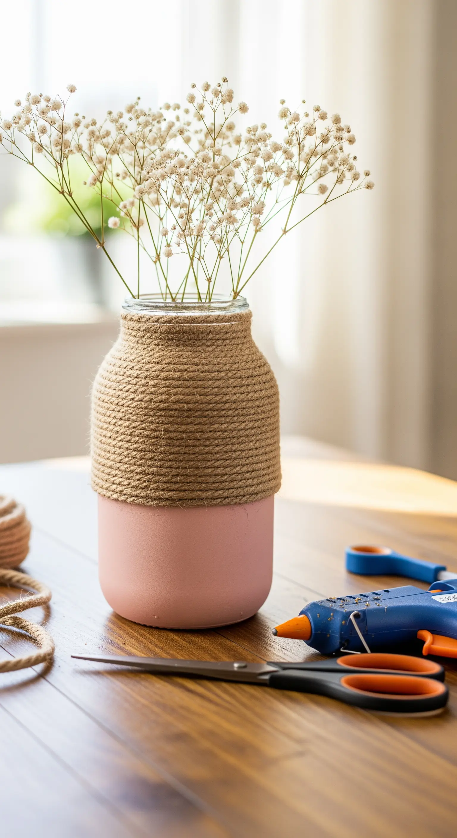 Vaso in vetro dipinto di rosa e avvolto in corda di iuta, con pistola per colla a caldo.