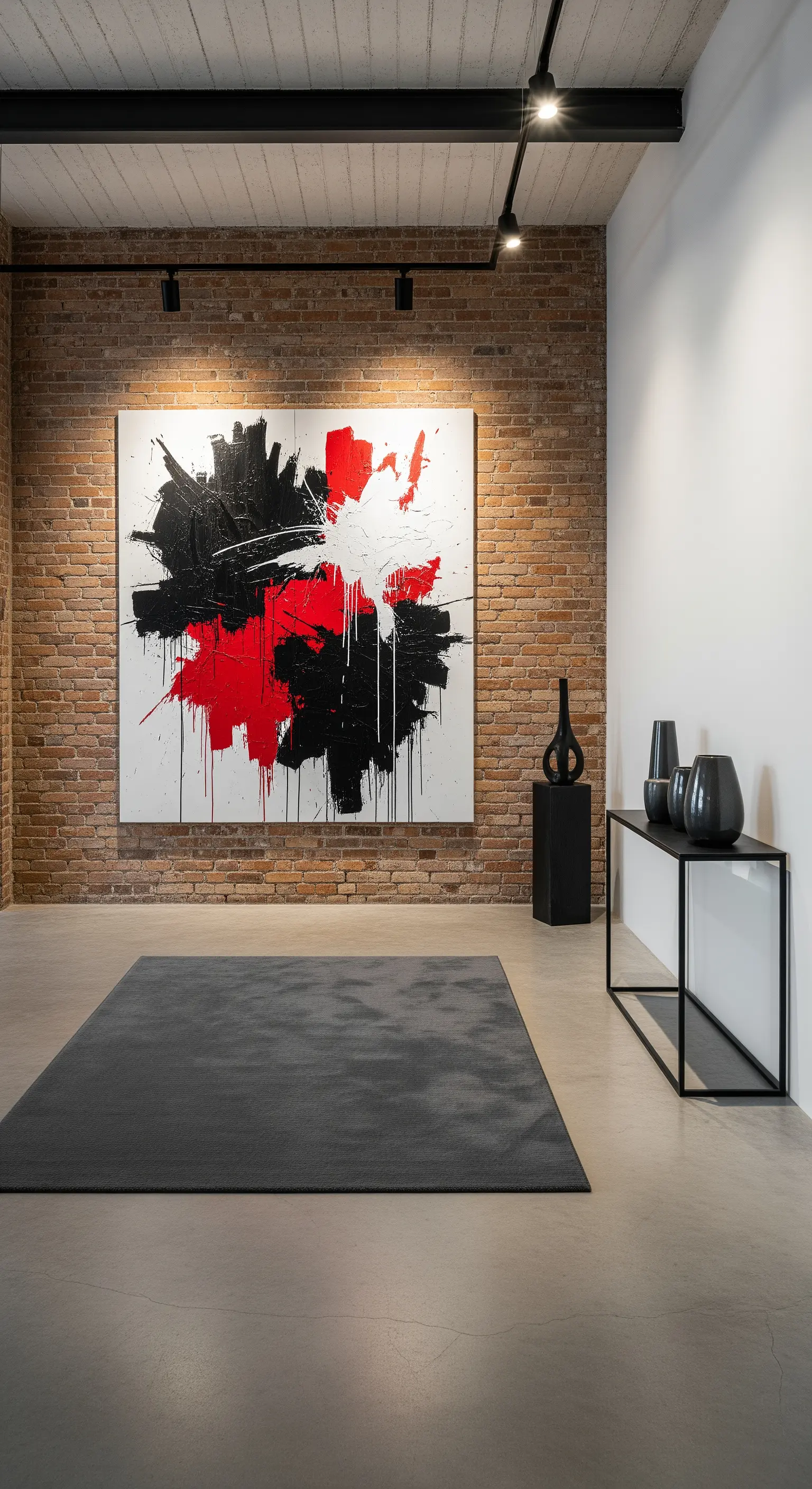 Quadro astratto rosso e nero su parete in mattoni, con tappeto grigio e faretti a binario.